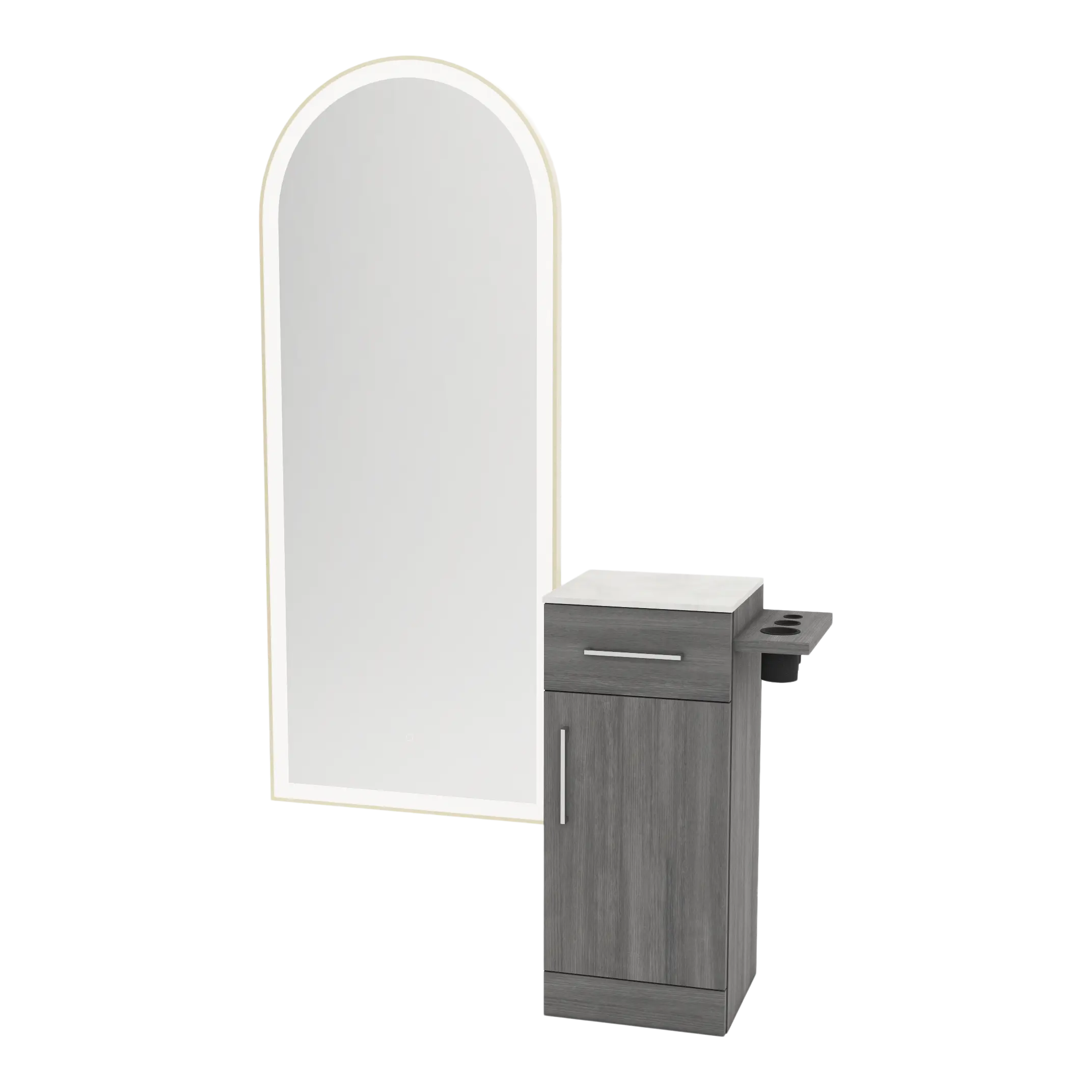 Nova Tower Free Standing Styling Station with Side-Mount Appliance Holder, Solid Surface Countertop, and Gold Full-Length Arch Paloma Mirror