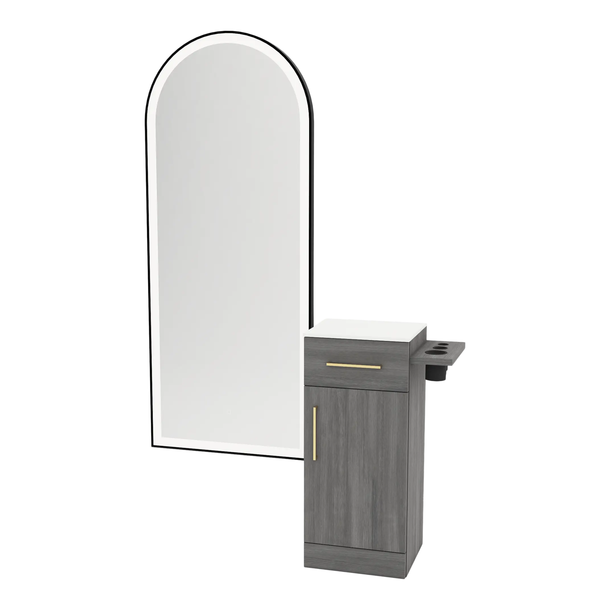 Nova Tower Free Standing Styling Station with Side-Mount Appliance Holder, Solid Surface Countertop, and Black Full-Length Arch Paloma Mirror