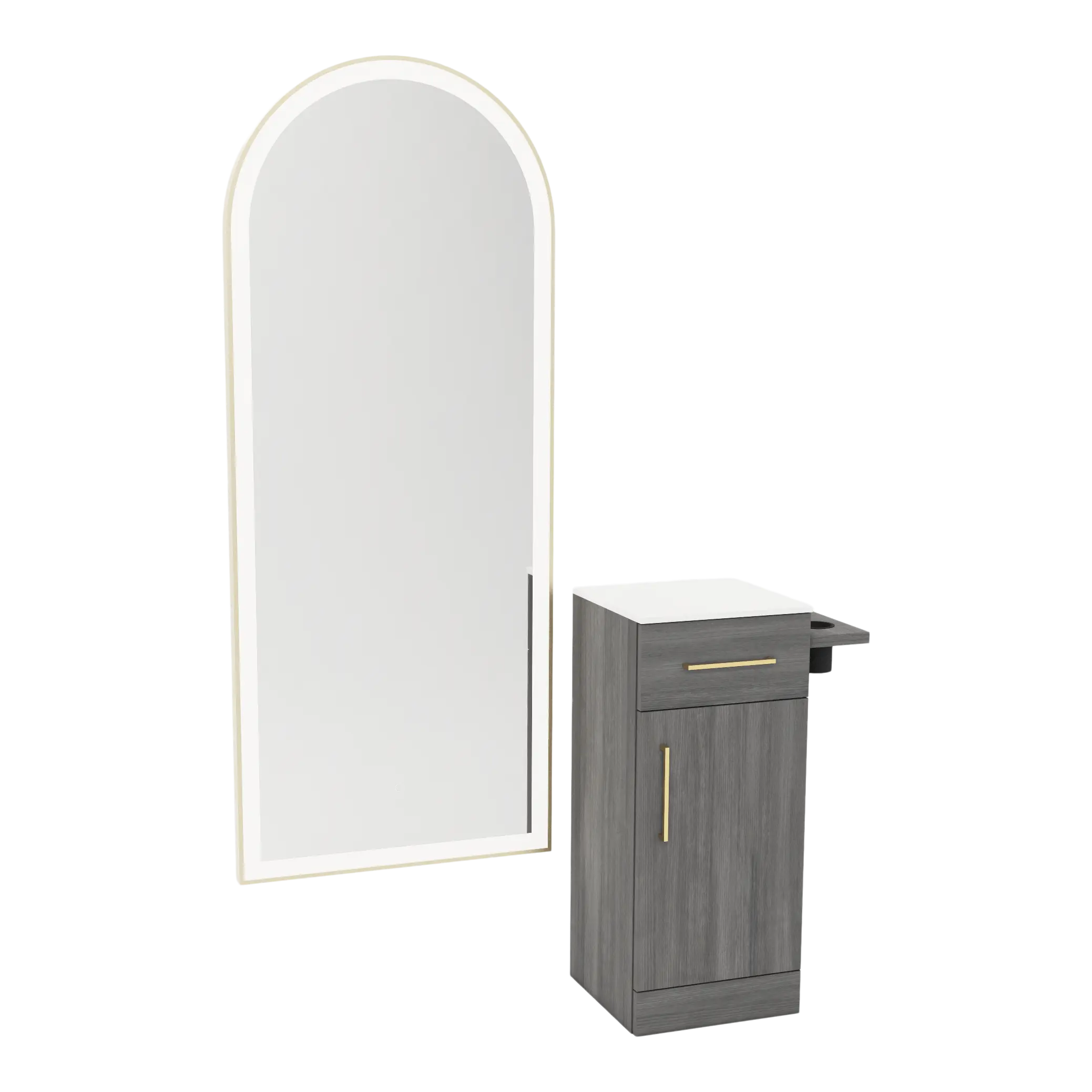 Nova Tower Free Standing Styling Station with Side-Mount Appliance Holder, Solid Surface Countertop, and Gold Full-Length Arch Paloma Mirror
