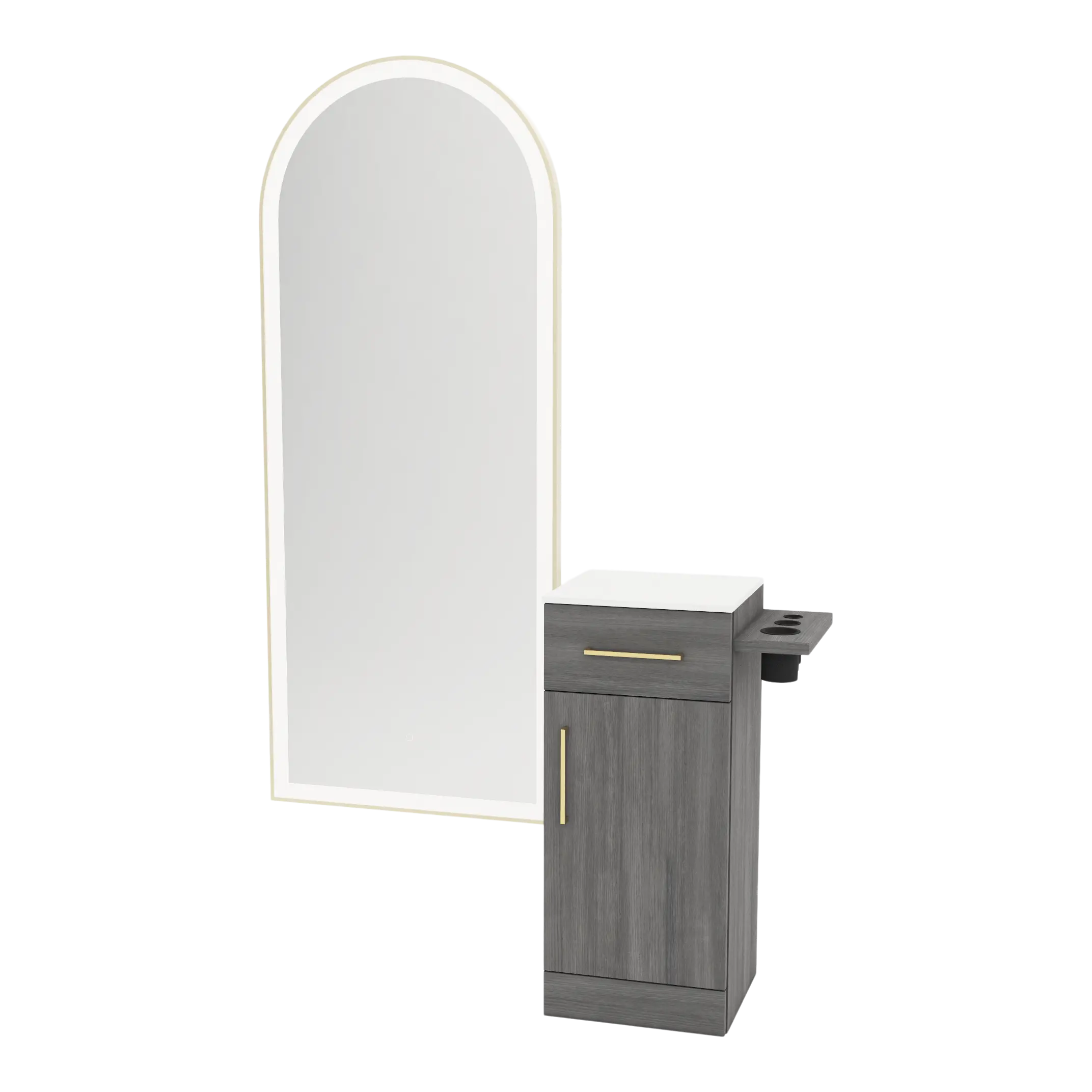 Nova Tower Free Standing Styling Station with Side-Mount Appliance Holder, Solid Surface Countertop, and Gold Full-Length Arch Paloma Mirror