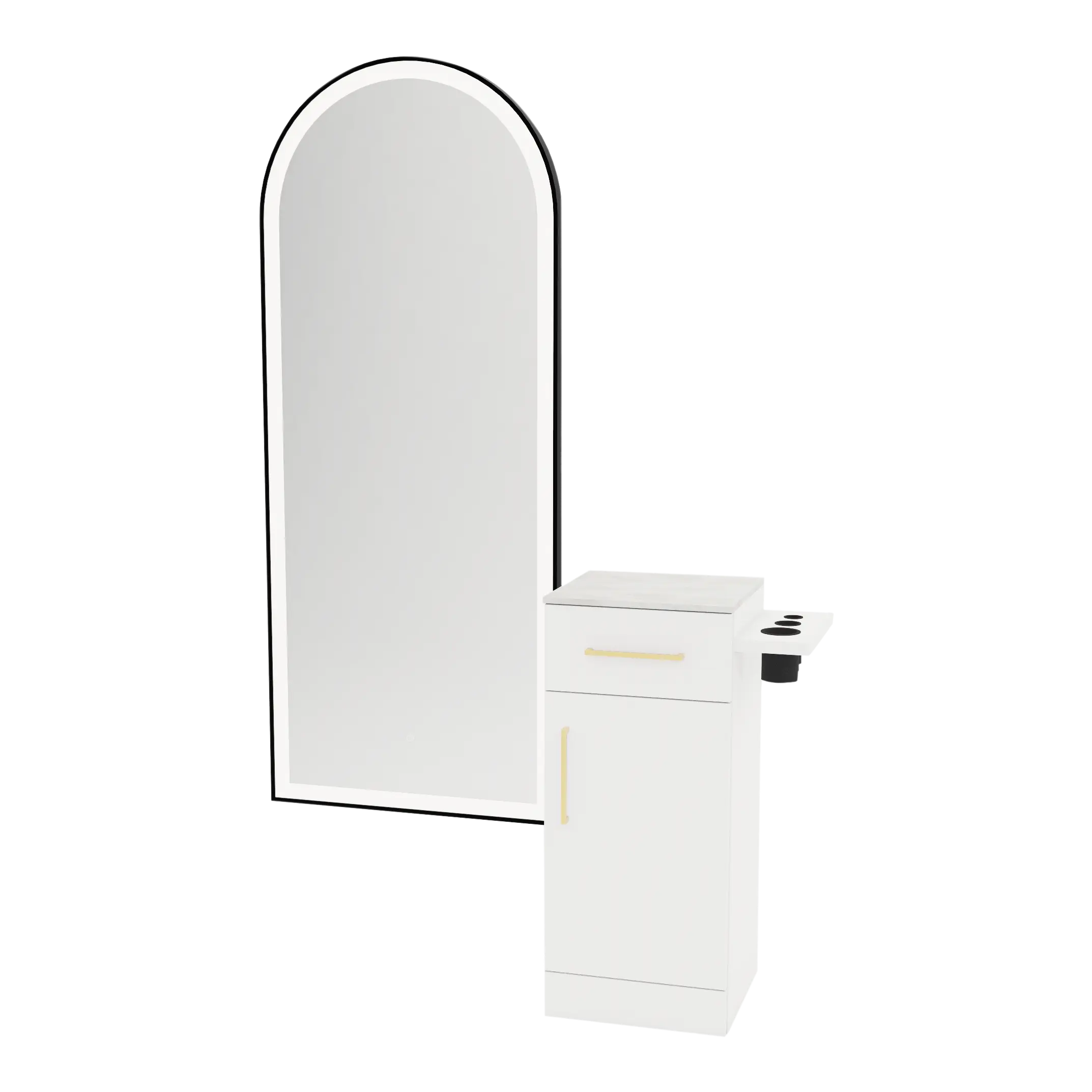 Nova Tower Free Standing Styling Station with Side-Mount Appliance Holder, Solid Surface Countertop, and Black Full-Length Arch Paloma Mirror