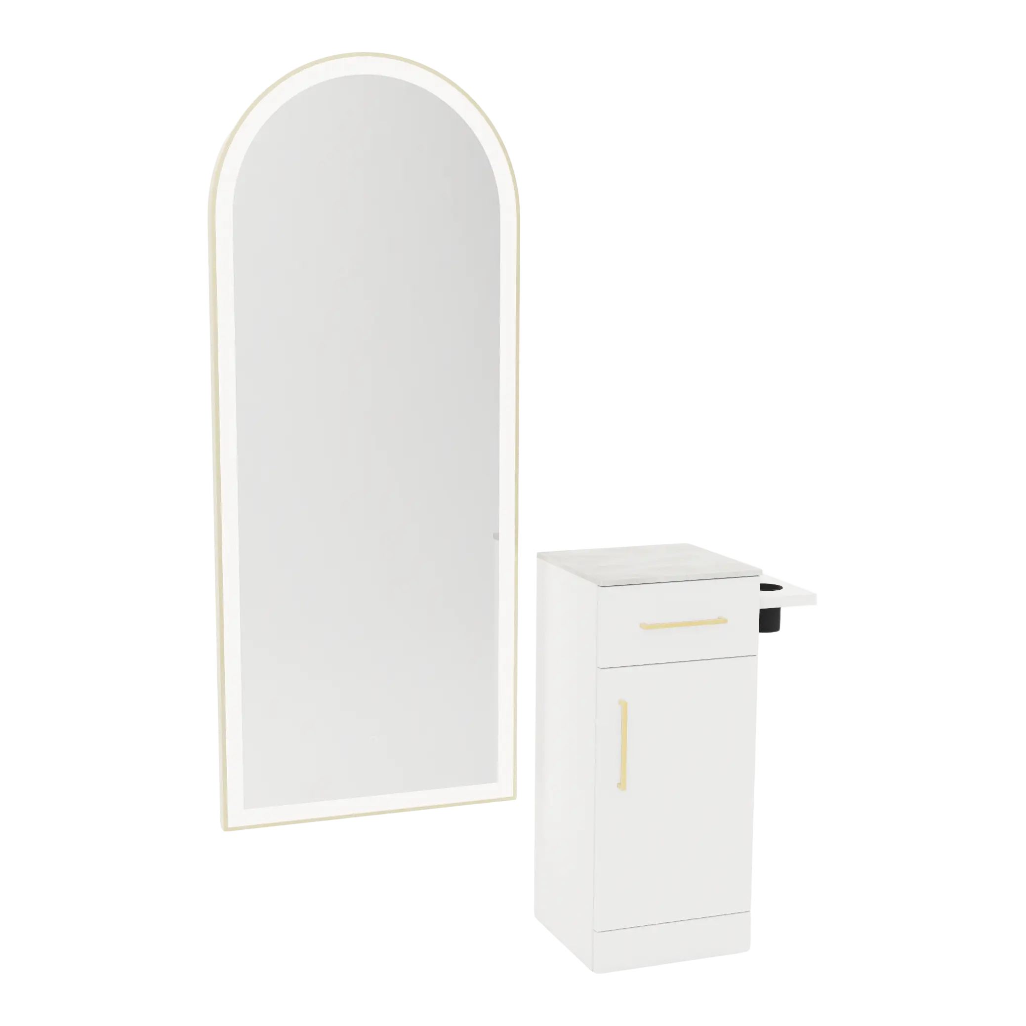 Nova Tower Free Standing Styling Station with Side-Mount Appliance Holder, Solid Surface Countertop, and Gold Full-Length Arch Paloma Mirror