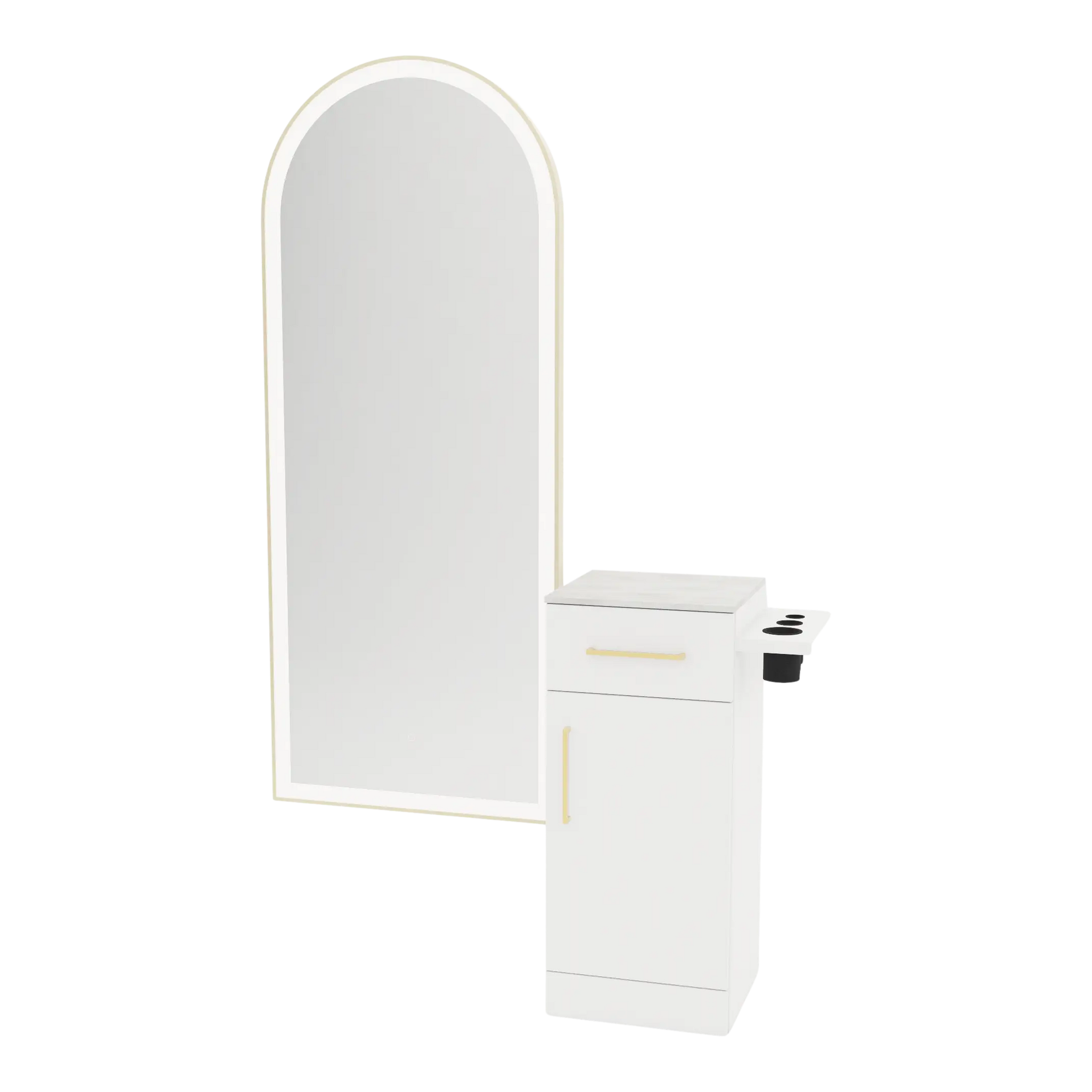 Nova Tower Free Standing Styling Station with Side-Mount Appliance Holder, Solid Surface Countertop, and Gold Full-Length Arch Paloma Mirror