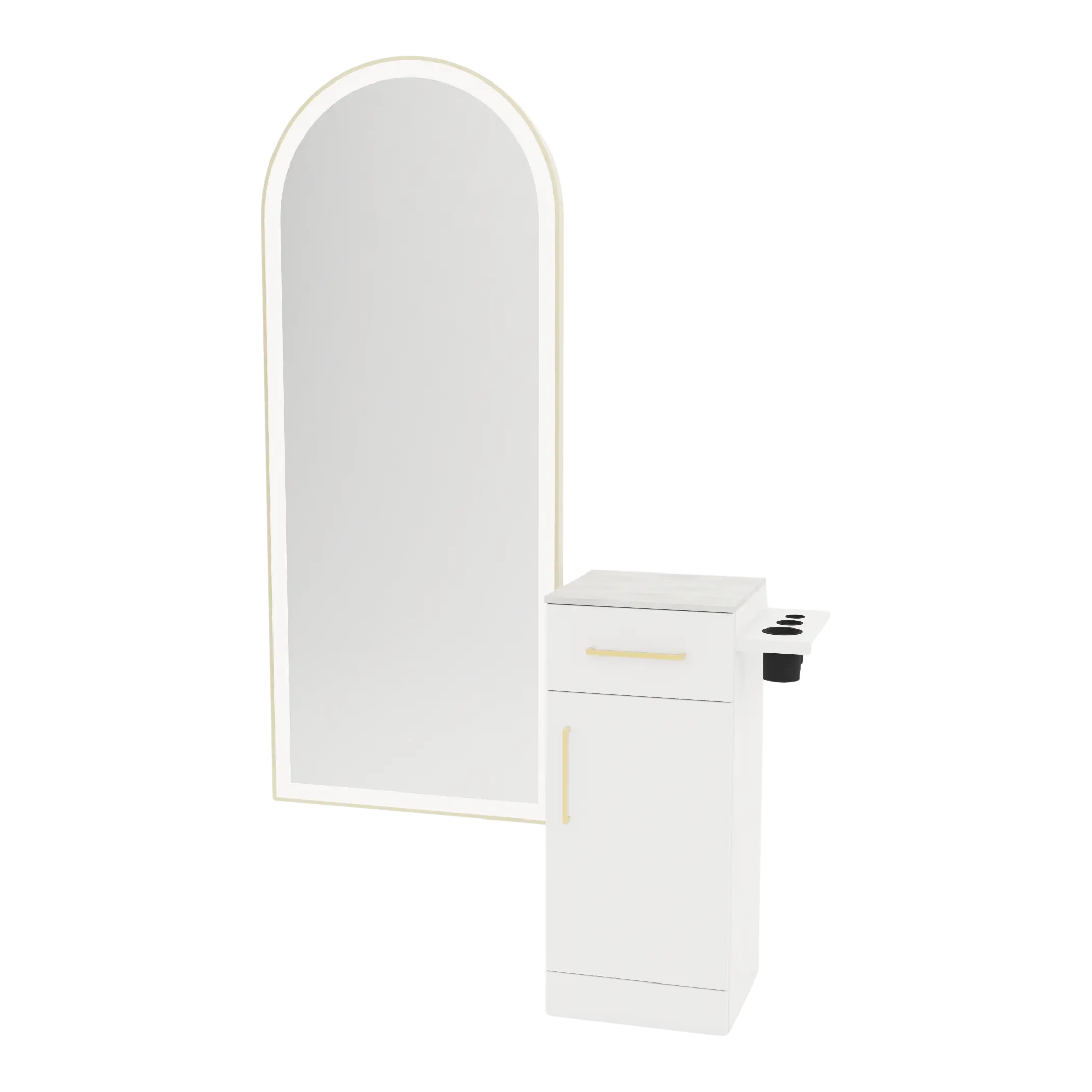 Nova Tower Free Standing Styling Station with Side-Mount Appliance Holder, Solid Surface Countertop, and Gold Full-Length Arch Paloma Mirror