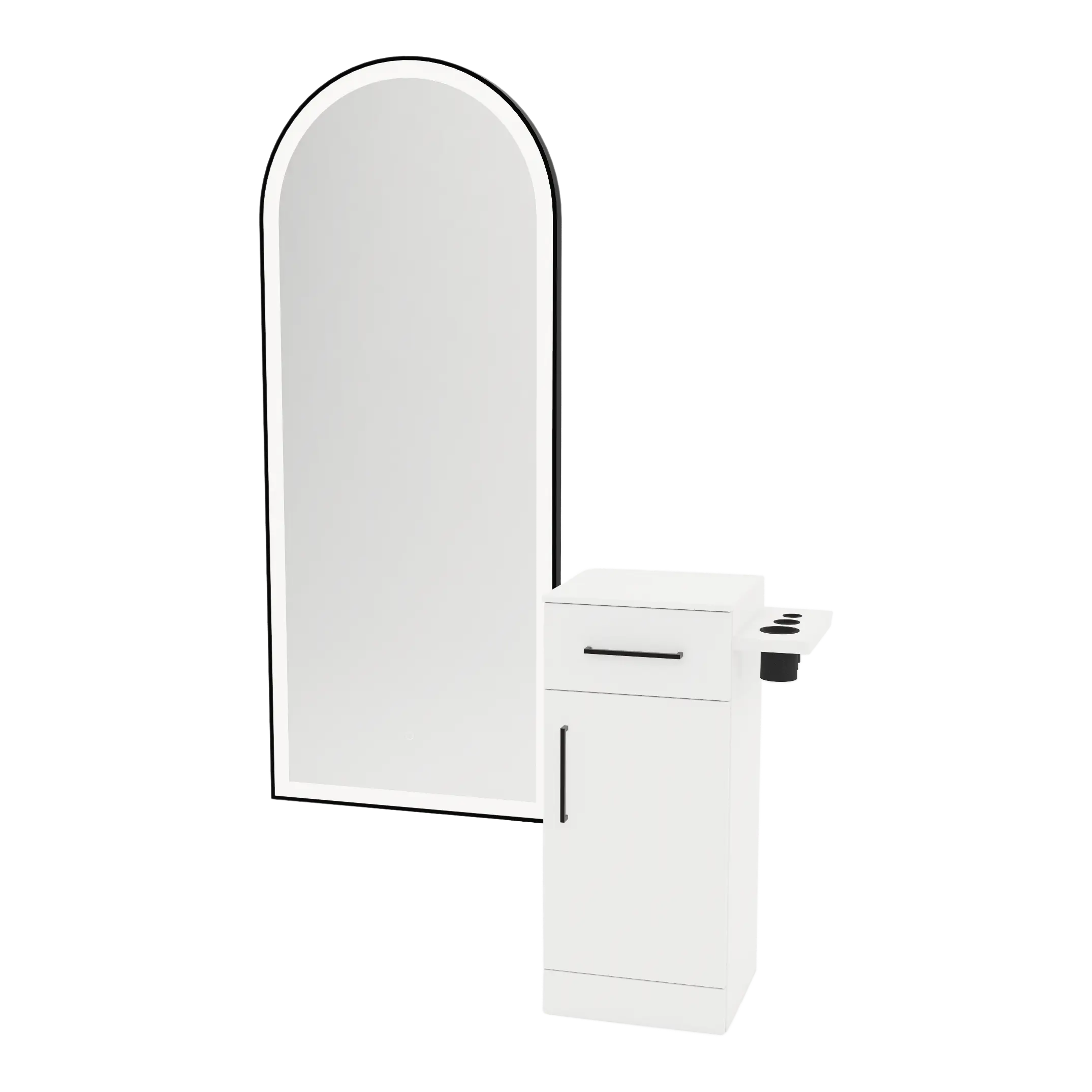 Nova Tower Free Standing Styling Station with Side-Mount Appliance Holder, Solid Surface Countertop, and Black Full-Length Arch Paloma Mirror