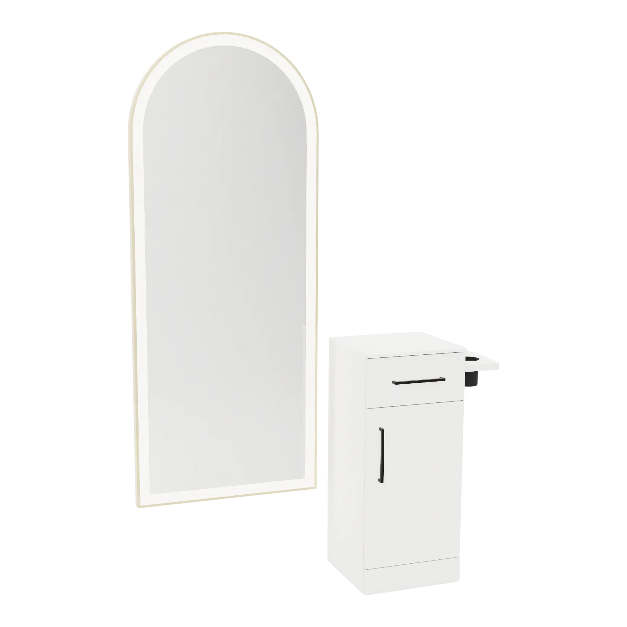 Nova Tower Free Standing Styling Station with Side-Mount Appliance Holder, Solid Surface Countertop, and Gold Full-Length Arch Paloma Mirror