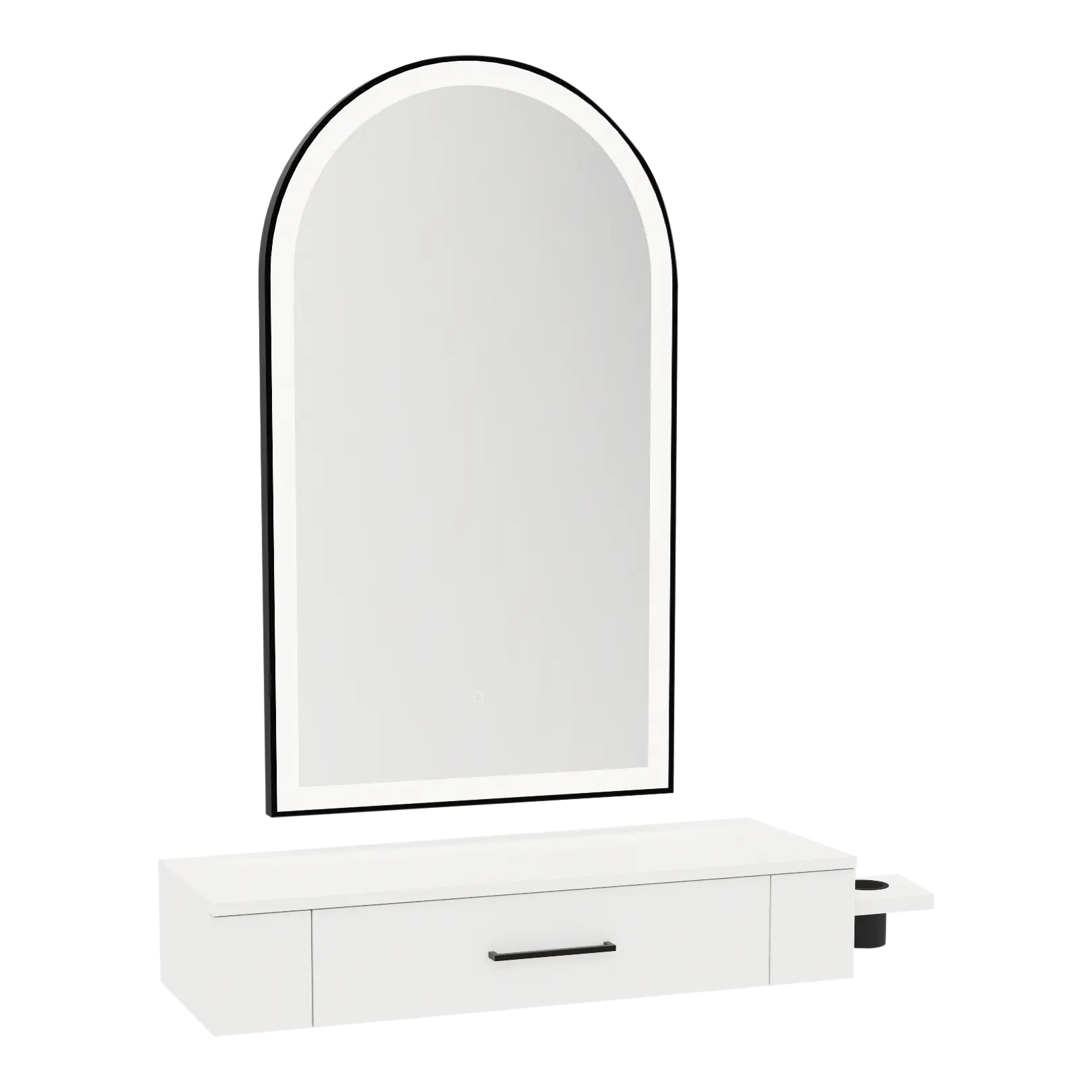 Nova Wall Mount Styling Station with Side-Mount Appliance Holder and Black Paloma Arch Mirror