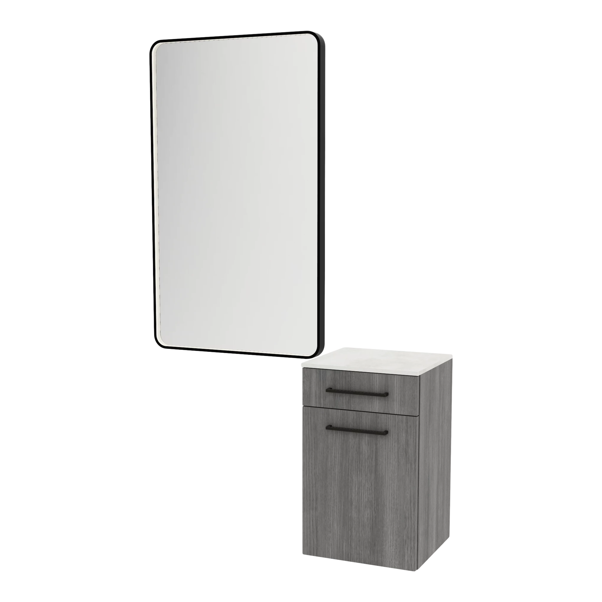 Glo Laminate Wall Mount Styling Station with Solid Surface Countertop, Tilt-Out Appliance Holder, and Westin Rectangle Mirror