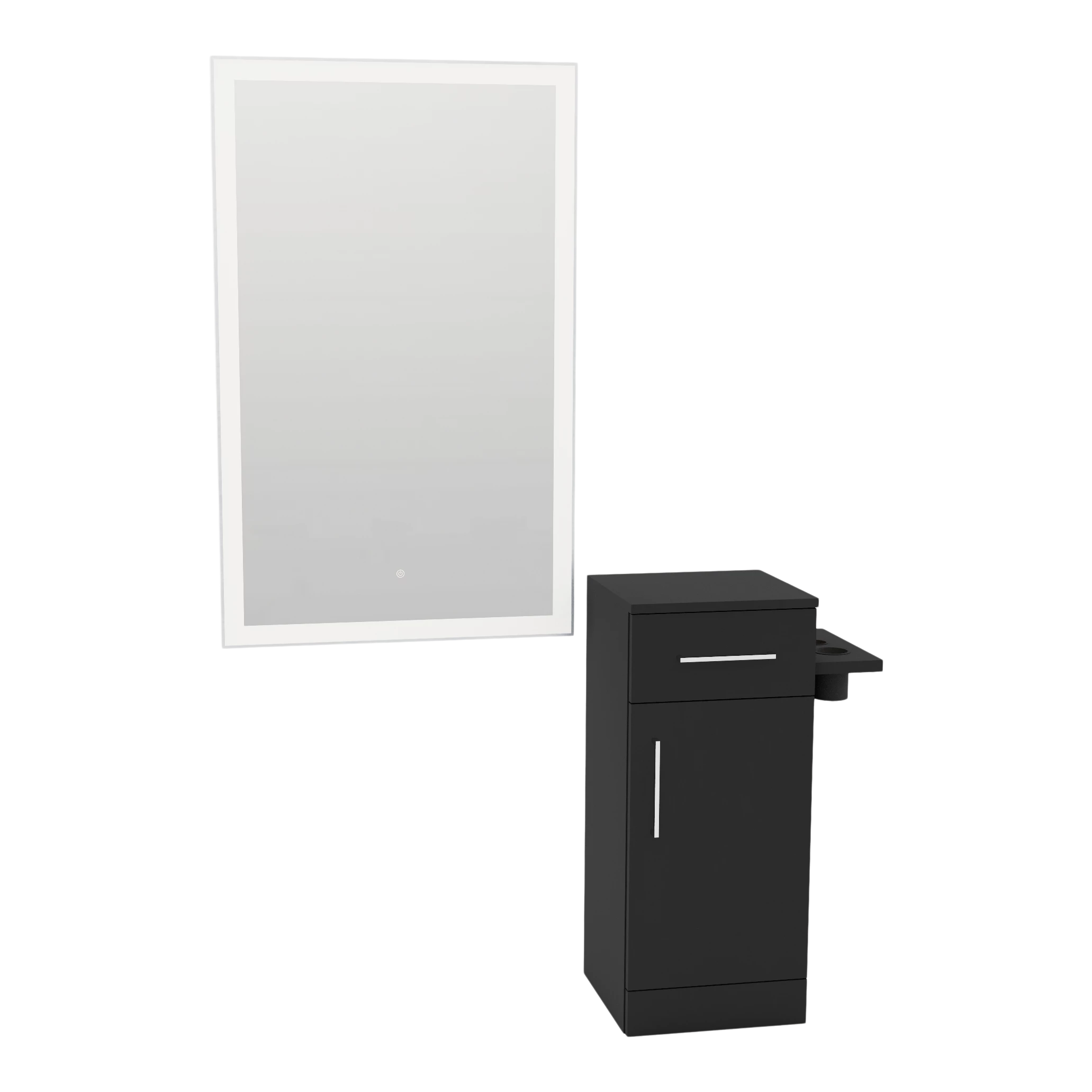 Nova Tower Free Standing Styling Station with Side-Mount Appliance Holder and Silver Rectangle Glo Mirror