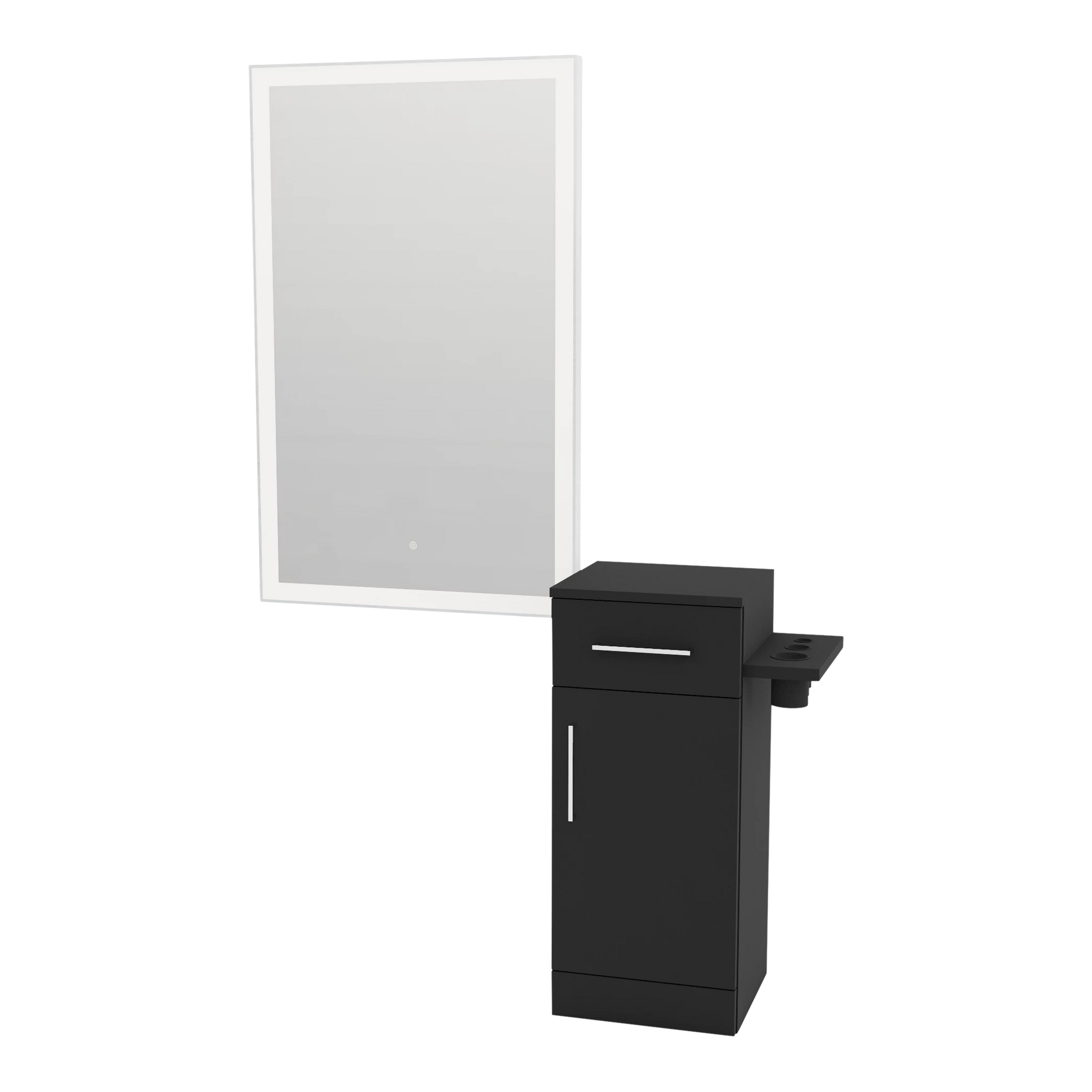 Nova Tower Free Standing Styling Station with Side-Mount Appliance Holder and Silver Rectangle Glo Mirror
