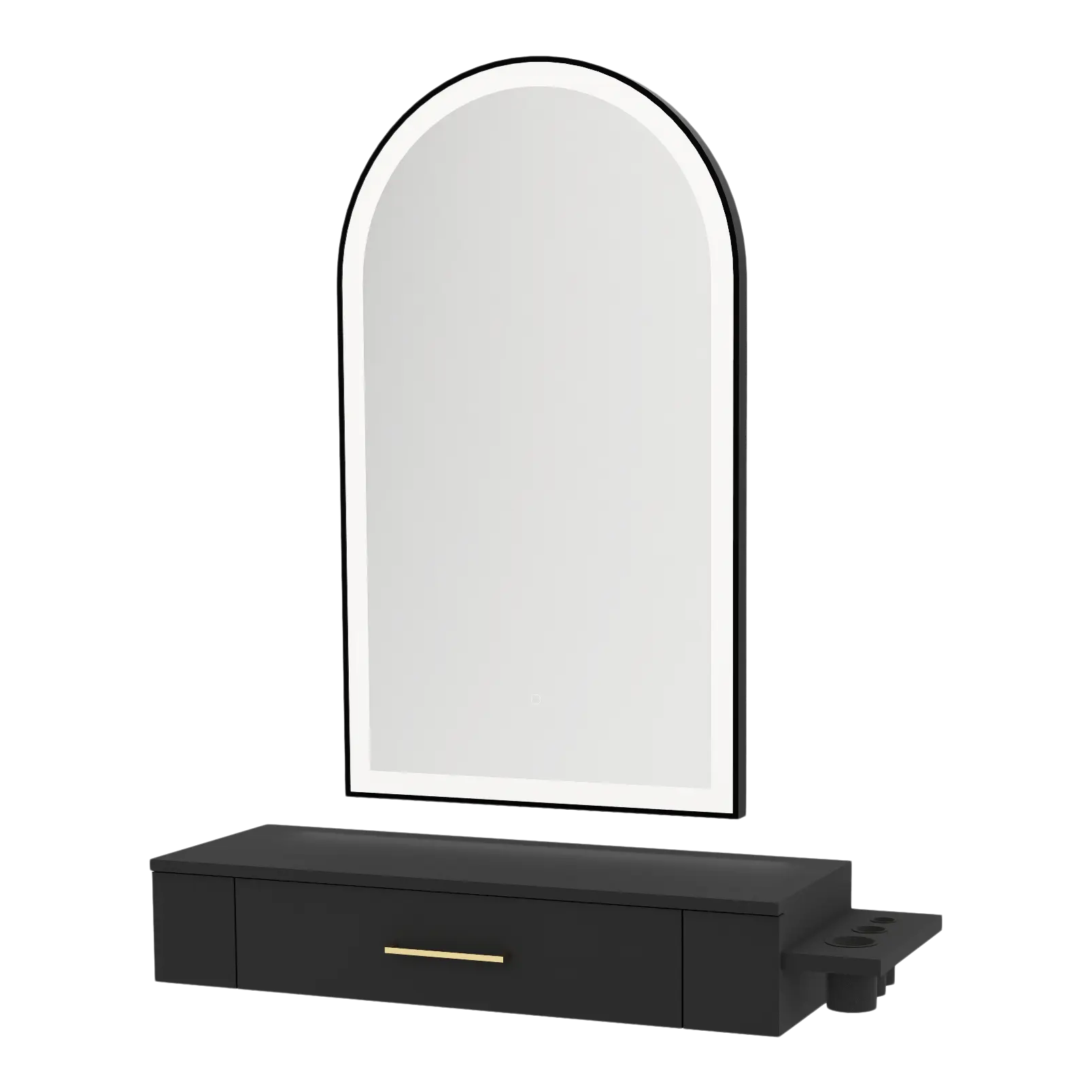 Nova Wall Mount Styling Station with Side-Mount Appliance Holder and Black Paloma Arch Mirror