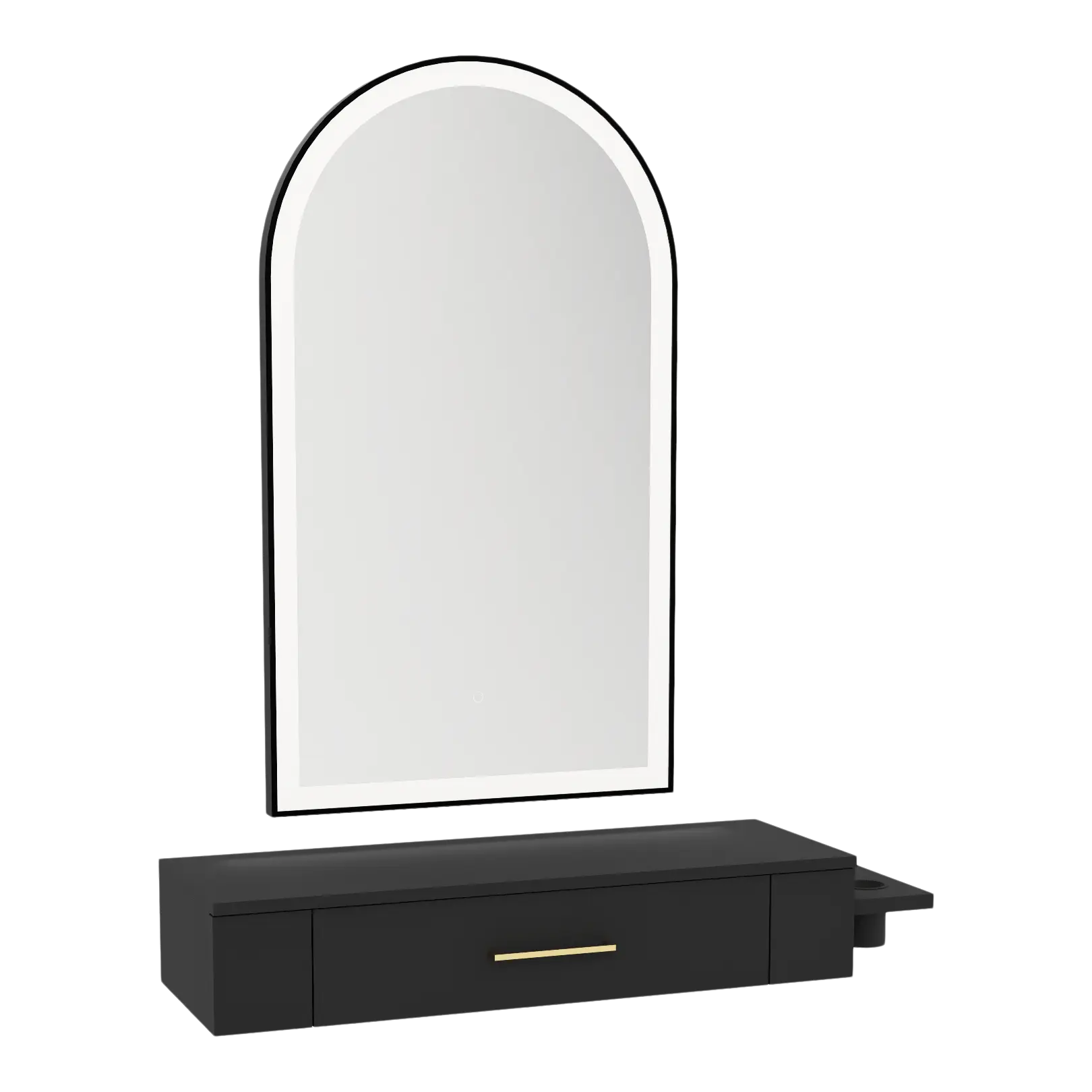Nova Wall Mount Styling Station with Side-Mount Appliance Holder and Black Paloma Arch Mirror