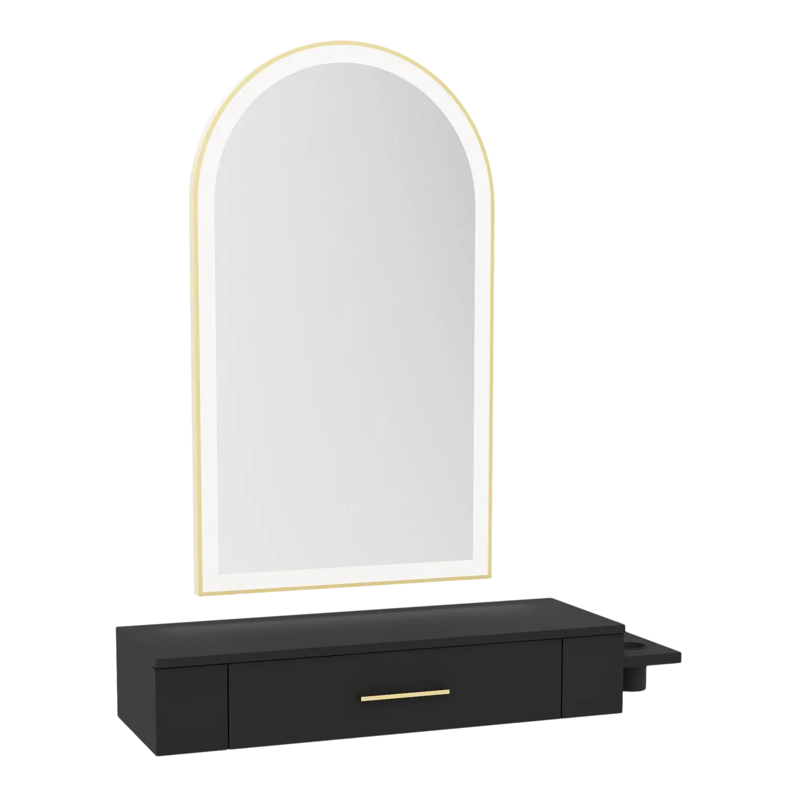 Nova Wall Mount Styling Station with Side-Mount Appliance Holder and Gold Paloma Arch Mirror