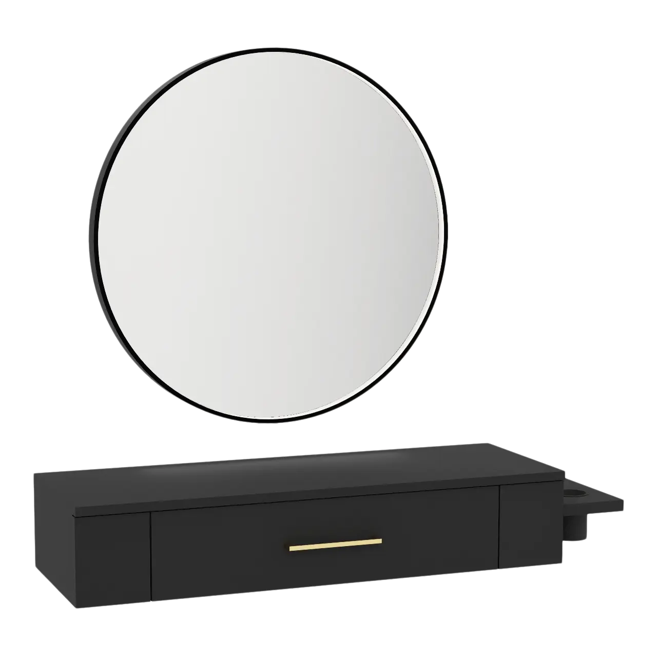 Nova Wall Mount Styling Station with Side-Mount Appliance Holder and Black Round Westin Mirror
