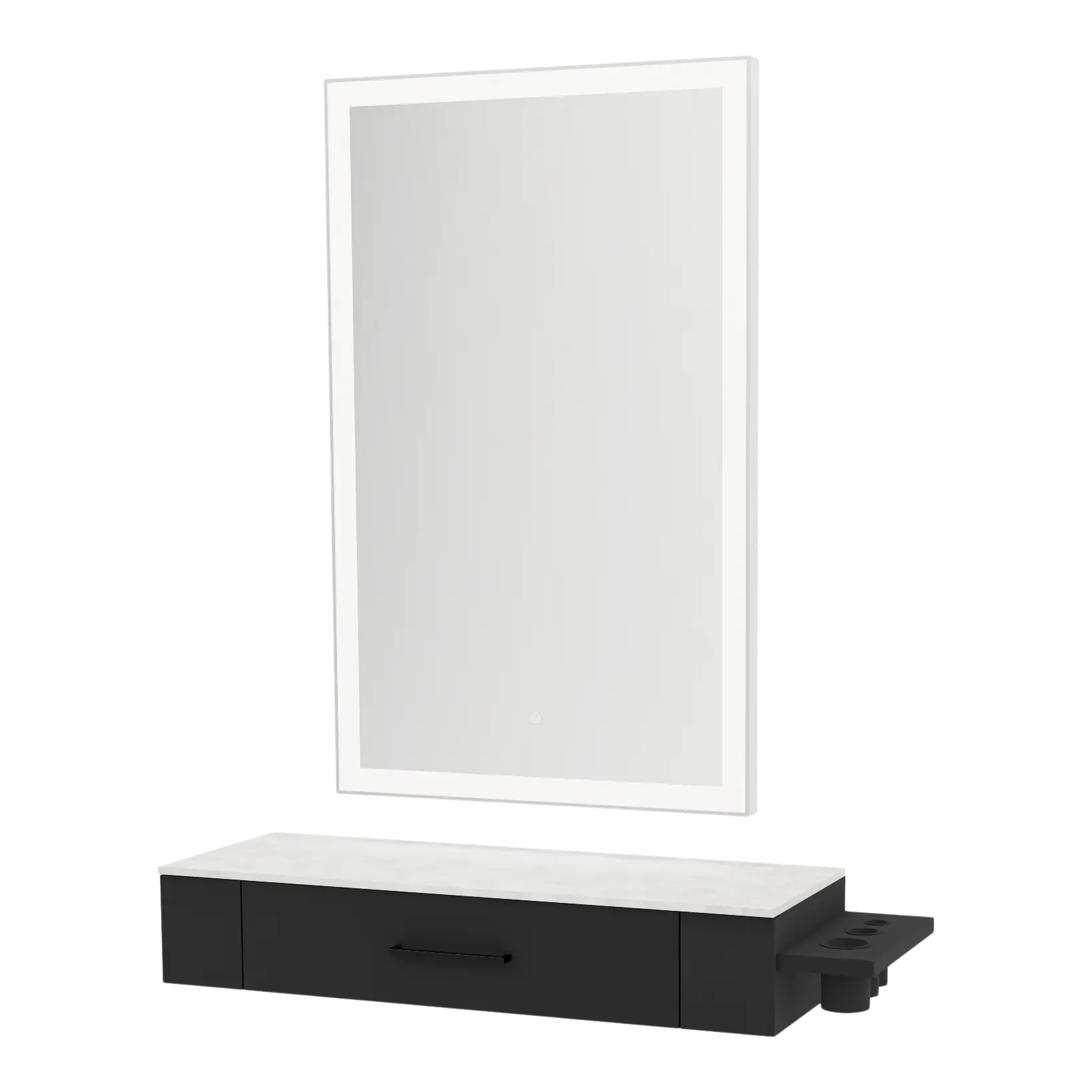 Nova Wall Mount Styling Station with Side-Mount Appliance Holder, Solid Surface Countertop and Silver Rectangle Glo Mirror