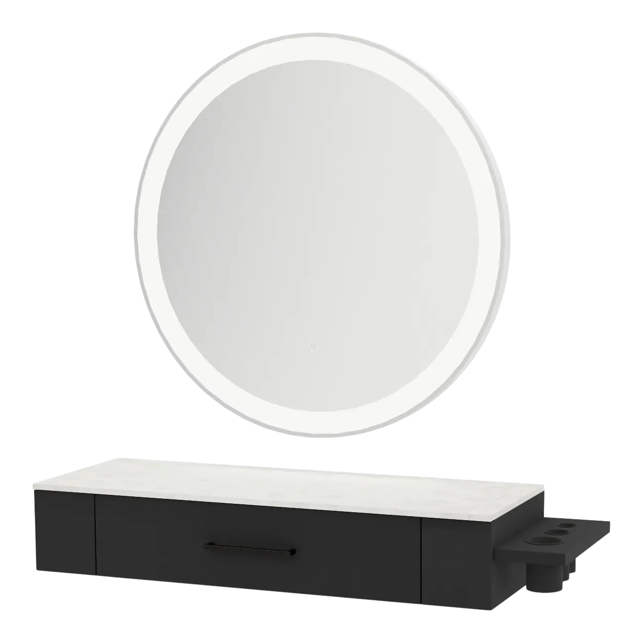 Nova Wall Mount Styling Station with Side-Mount Appliance Holder, Solid Surface Countertop, and Silver Round Glo Mirror