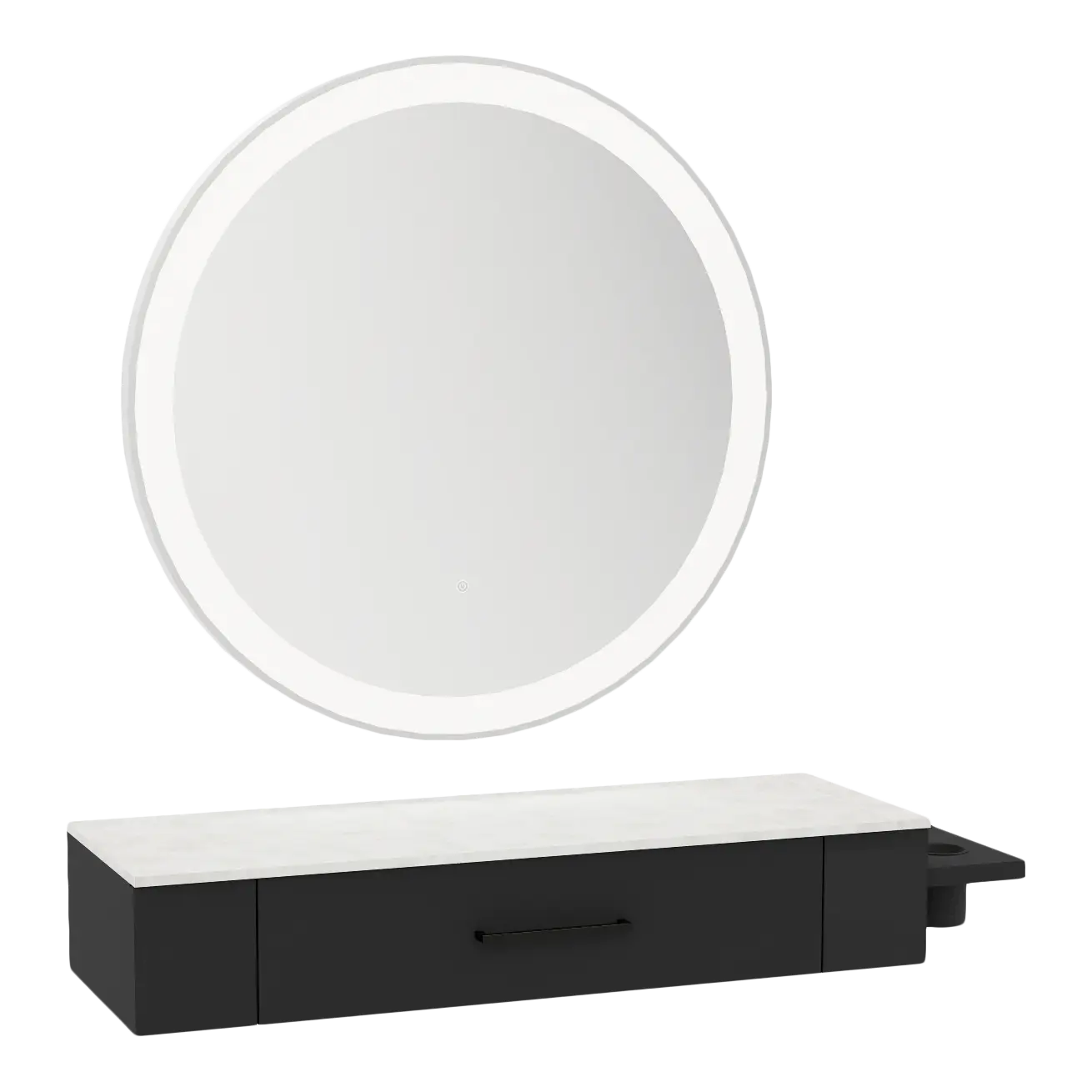 Nova Wall Mount Styling Station with Side-Mount Appliance Holder, Solid Surface Countertop, and Silver Round Glo Mirror