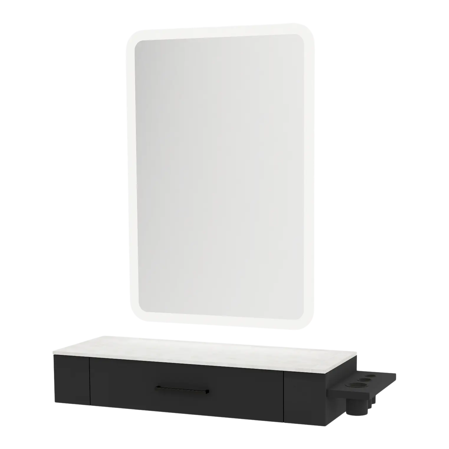 Nova Wall Mount Styling Station with Side-Mount Appliance Holder, Solid Surface Countertop and Illuminate LED Mirror