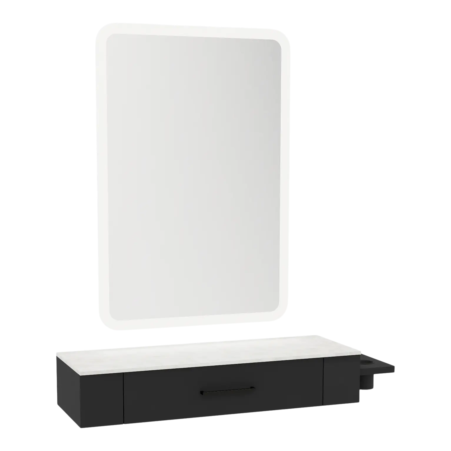 Nova Wall Mount Styling Station with Side-Mount Appliance Holder, Solid Surface Countertop and Illuminate LED Mirror