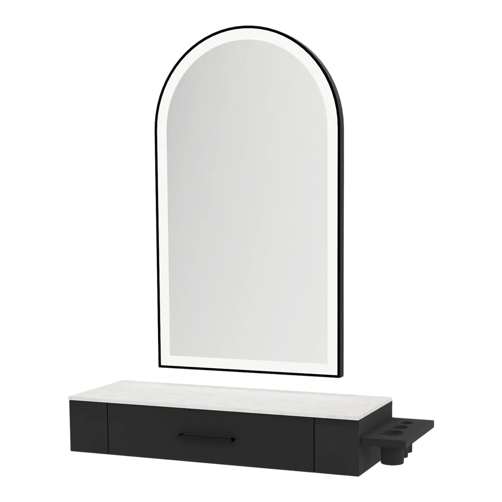 Nova Wall Mount Styling Station with Side-Mount Appliance Holder, Solid Surface Countertop, and Black Arch Paloma Mirror