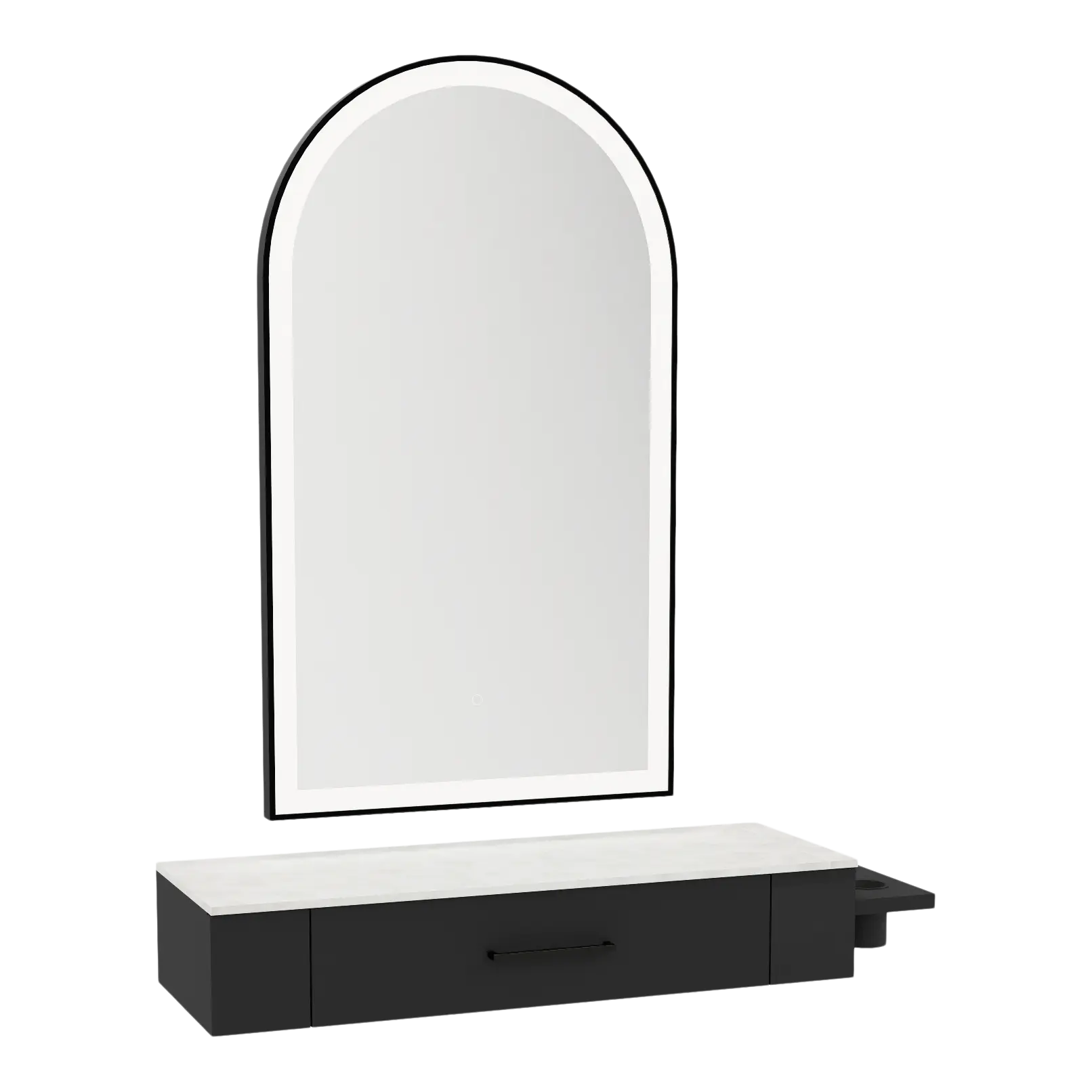 Nova Wall Mount Styling Station with Side-Mount Appliance Holder, Solid Surface Countertop, and Black Arch Paloma Mirror