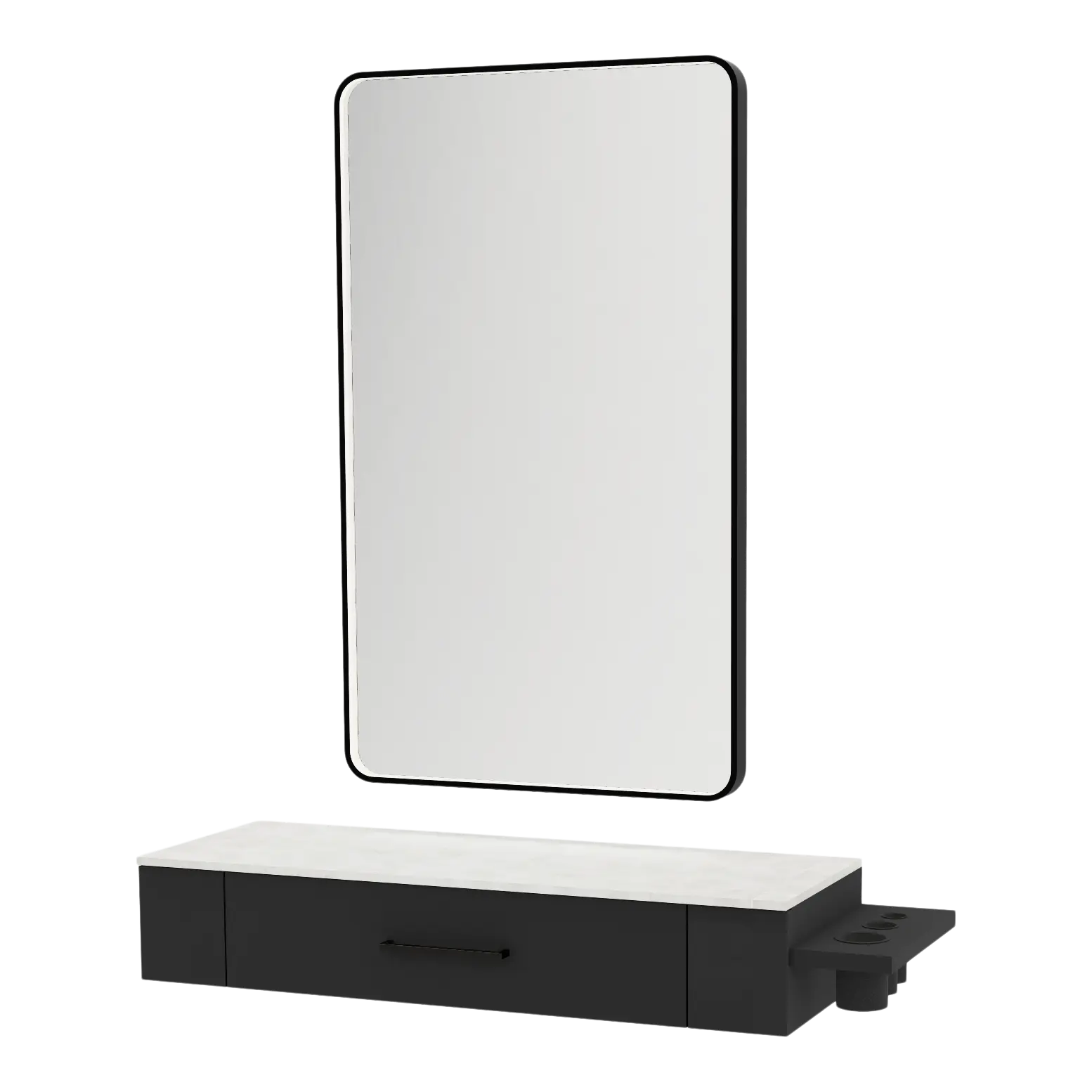 Nova Wall Mount Styling Station with Side-Mount Appliance Holder, Solid Surface Countertop, and Black Rectangle Westin Mirror