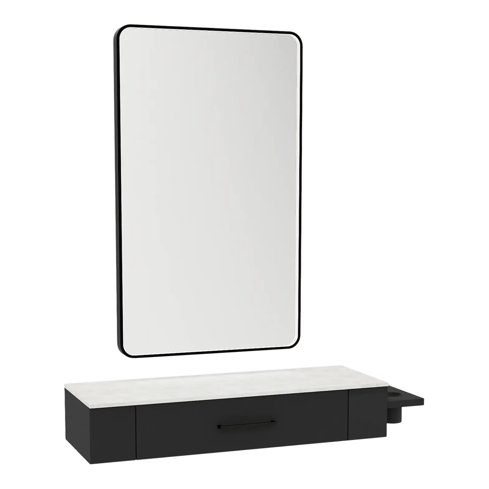 Nova Wall Mount Styling Station with Side-Mount Appliance Holder, Solid Surface Countertop, and Black Rectangle Westin Mirror