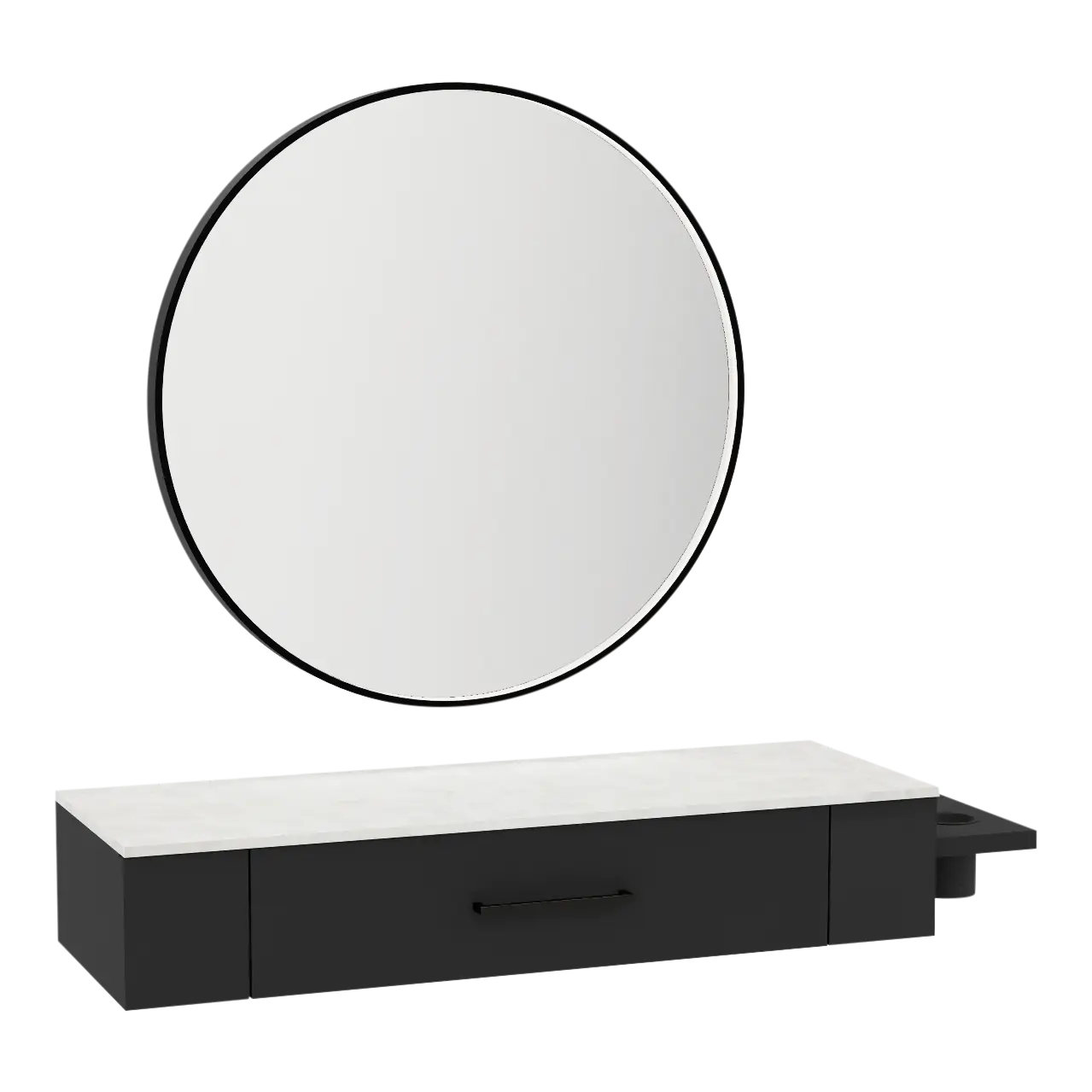 Nova Wall Mount Styling Station with Side-Mount Appliance Holder, Solid Surface Countertop, and Black Round Westin Mirror