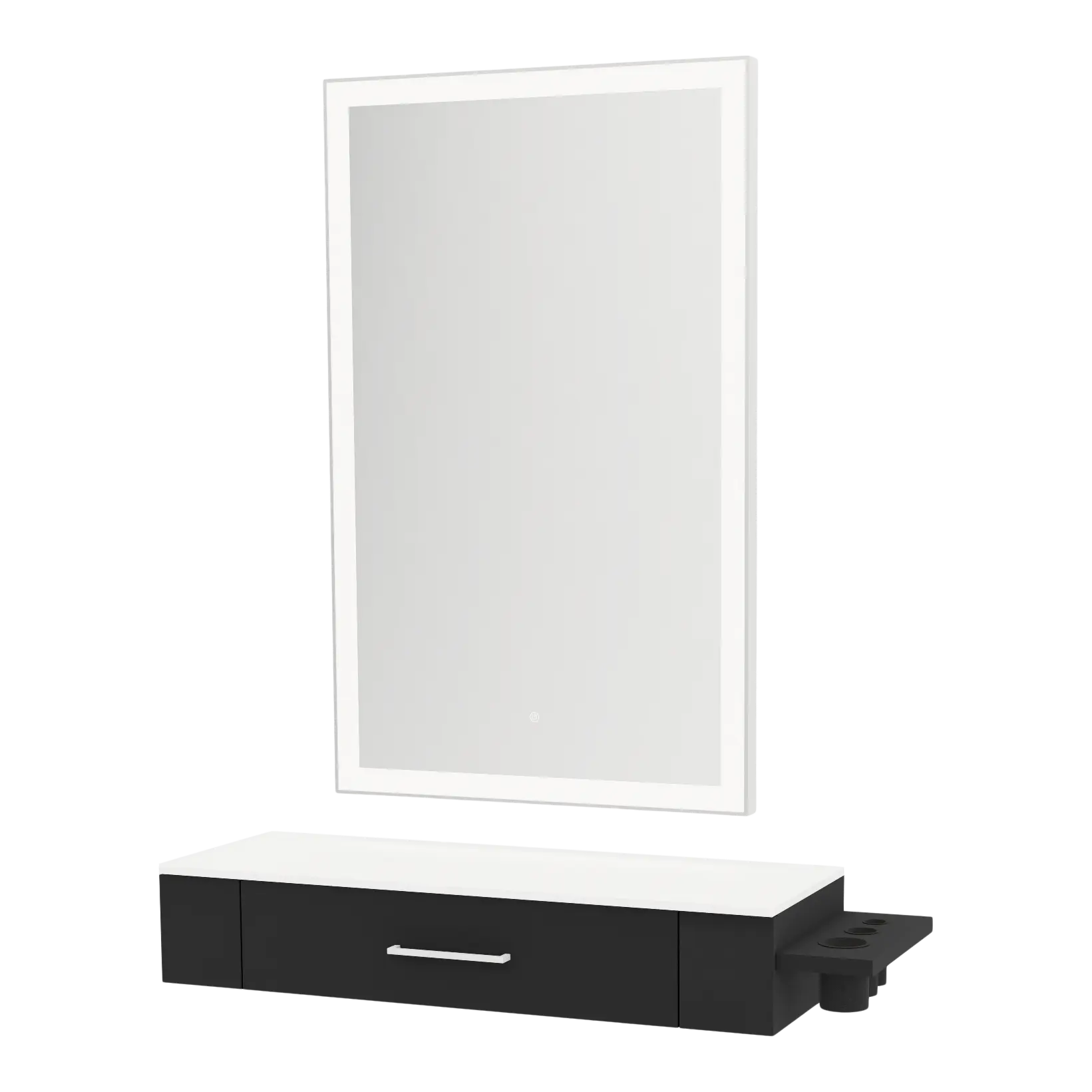 Nova Wall Mount Styling Station with Side-Mount Appliance Holder, Solid Surface Countertop and Silver Rectangle Glo Mirror