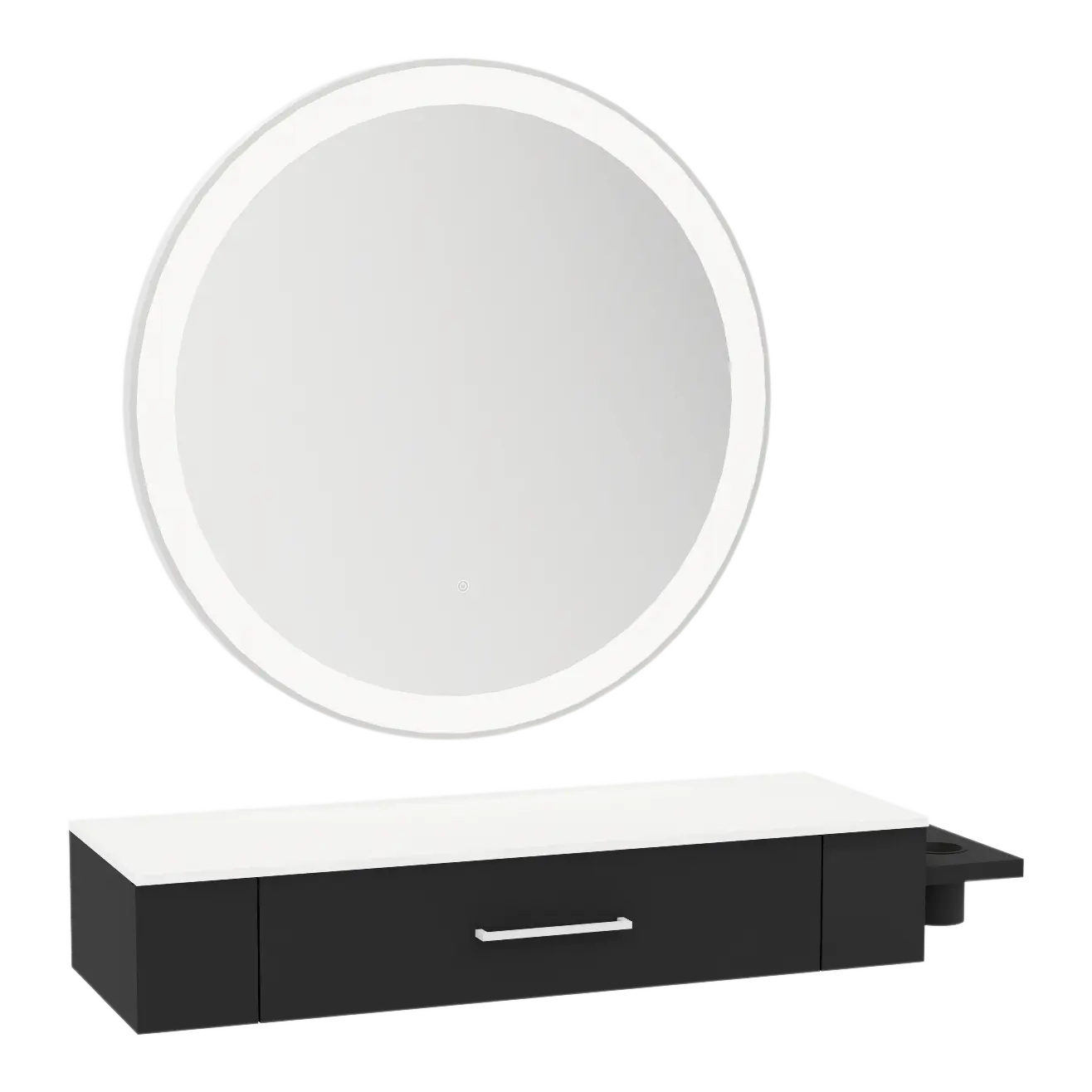 Nova Wall Mount Styling Station with Side-Mount Appliance Holder, Solid Surface Countertop, and Silver Round Glo Mirror