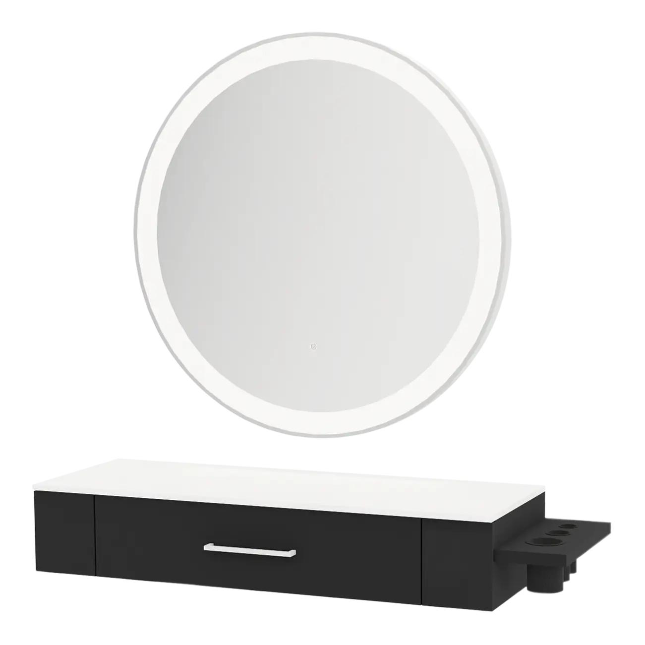 Nova Wall Mount Styling Station with Side-Mount Appliance Holder, Solid Surface Countertop, and Silver Round Glo Mirror
