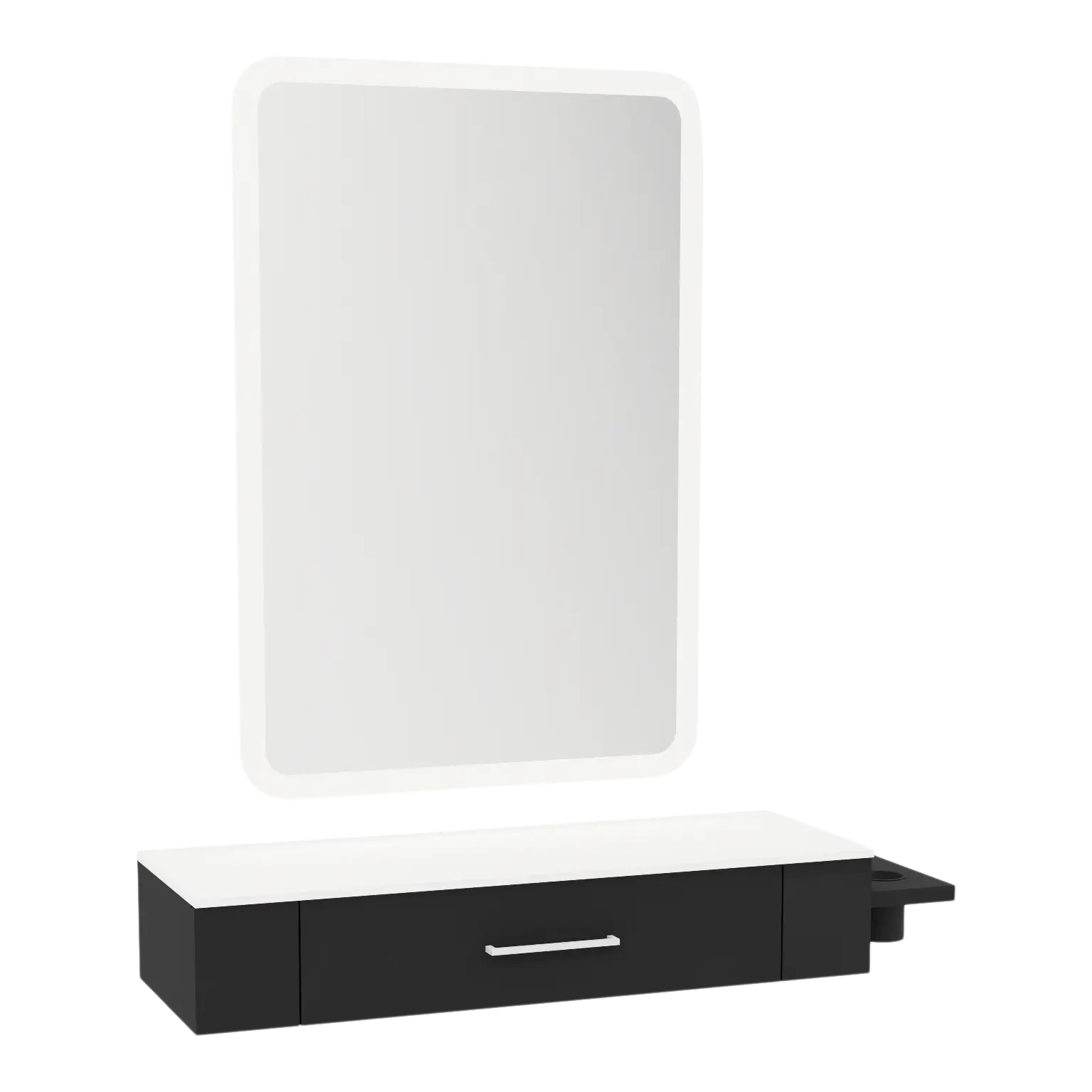 Nova Wall Mount Styling Station with Side-Mount Appliance Holder, Solid Surface Countertop and Illuminate LED Mirror