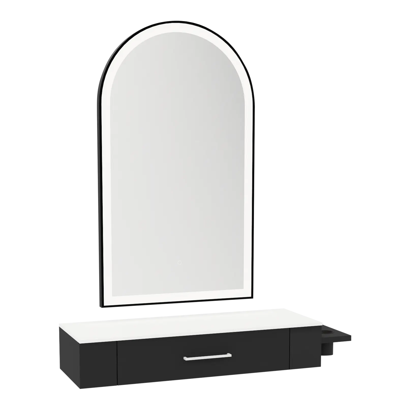 Nova Wall Mount Styling Station with Side-Mount Appliance Holder, Solid Surface Countertop, and Black Arch Paloma Mirror