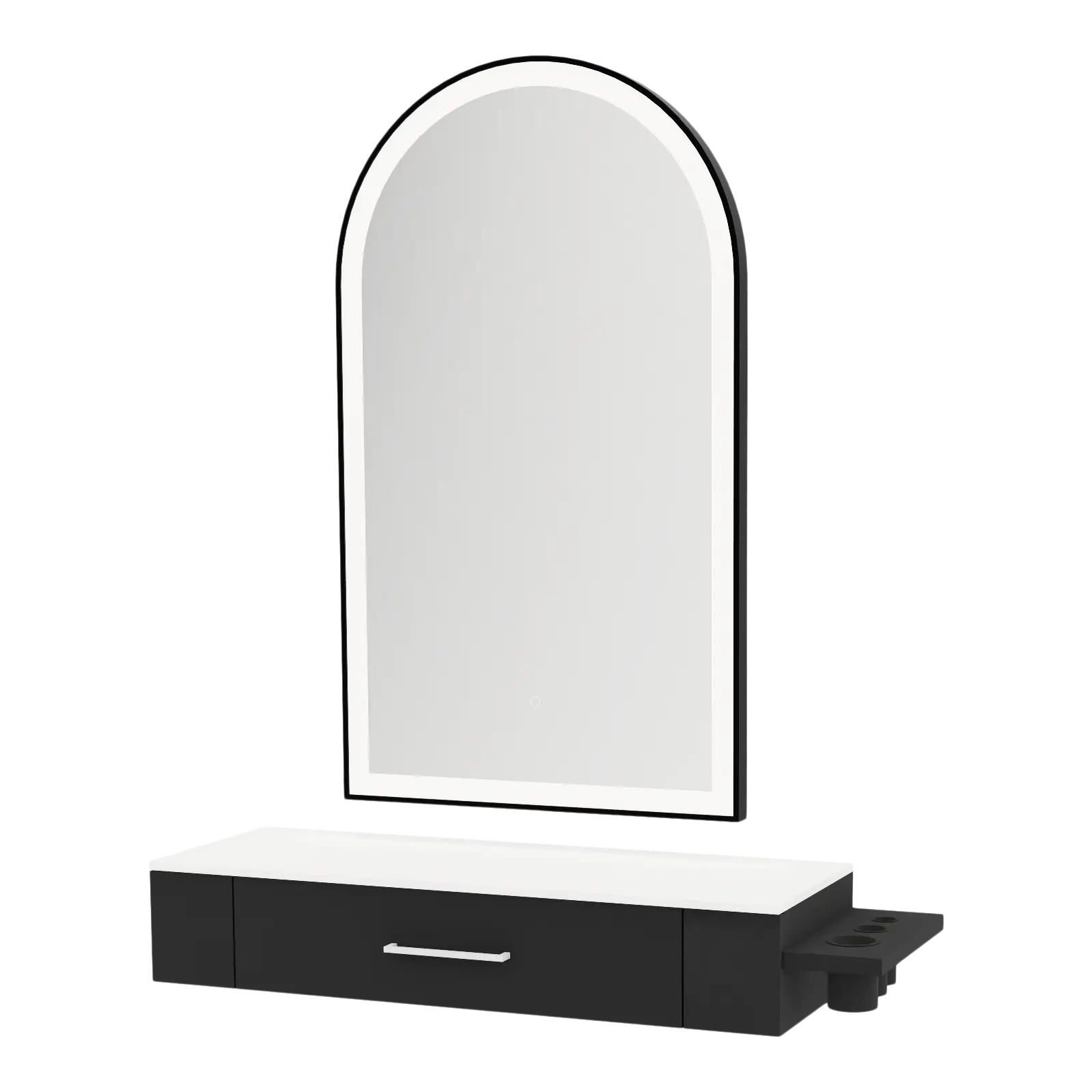 Nova Wall Mount Styling Station with Side-Mount Appliance Holder, Solid Surface Countertop, and Black Arch Paloma Mirror