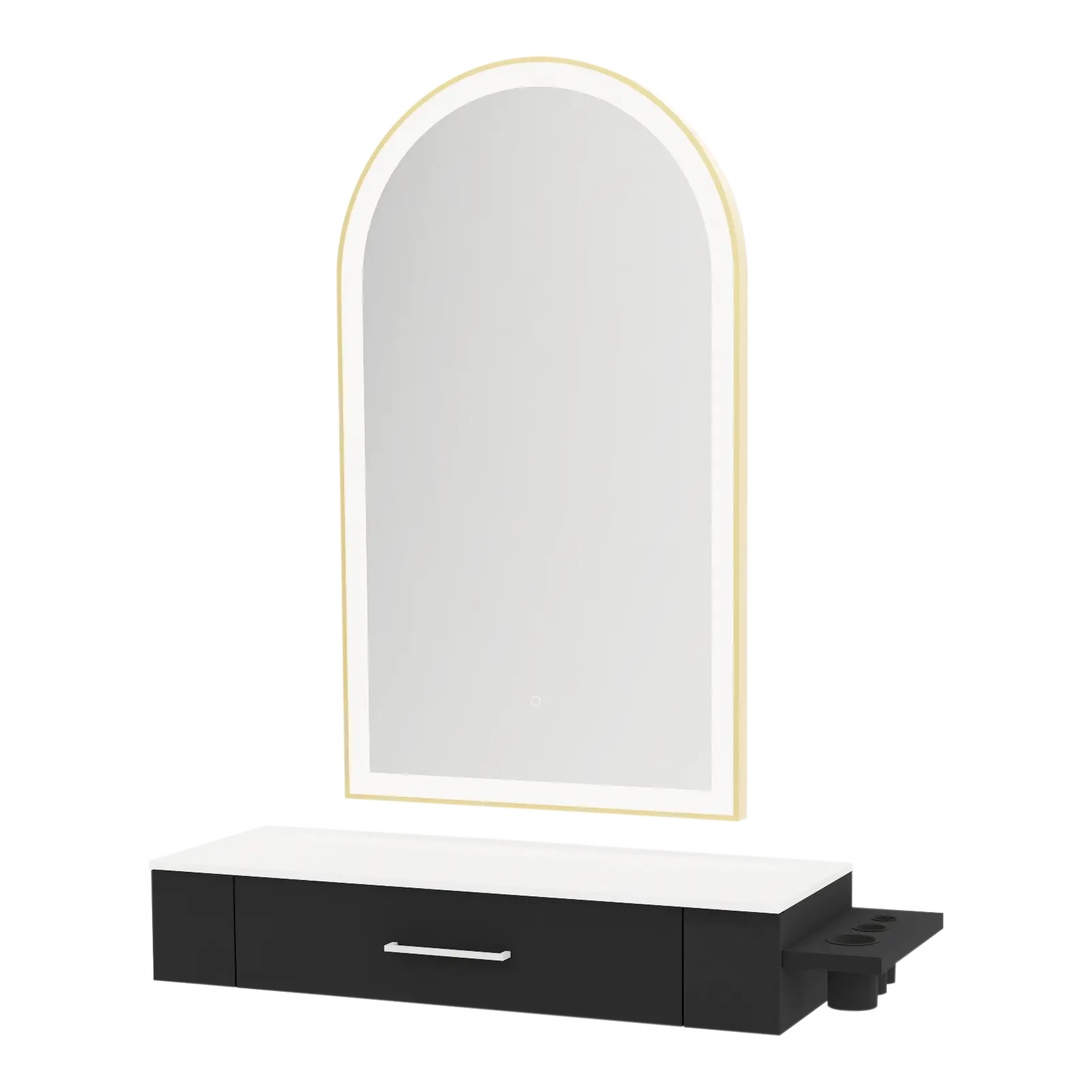 Nova Wall Mount Styling Station with Side-Mount Appliance Holder, Solid Surface Countertop and Gold Paloma Arch Mirror