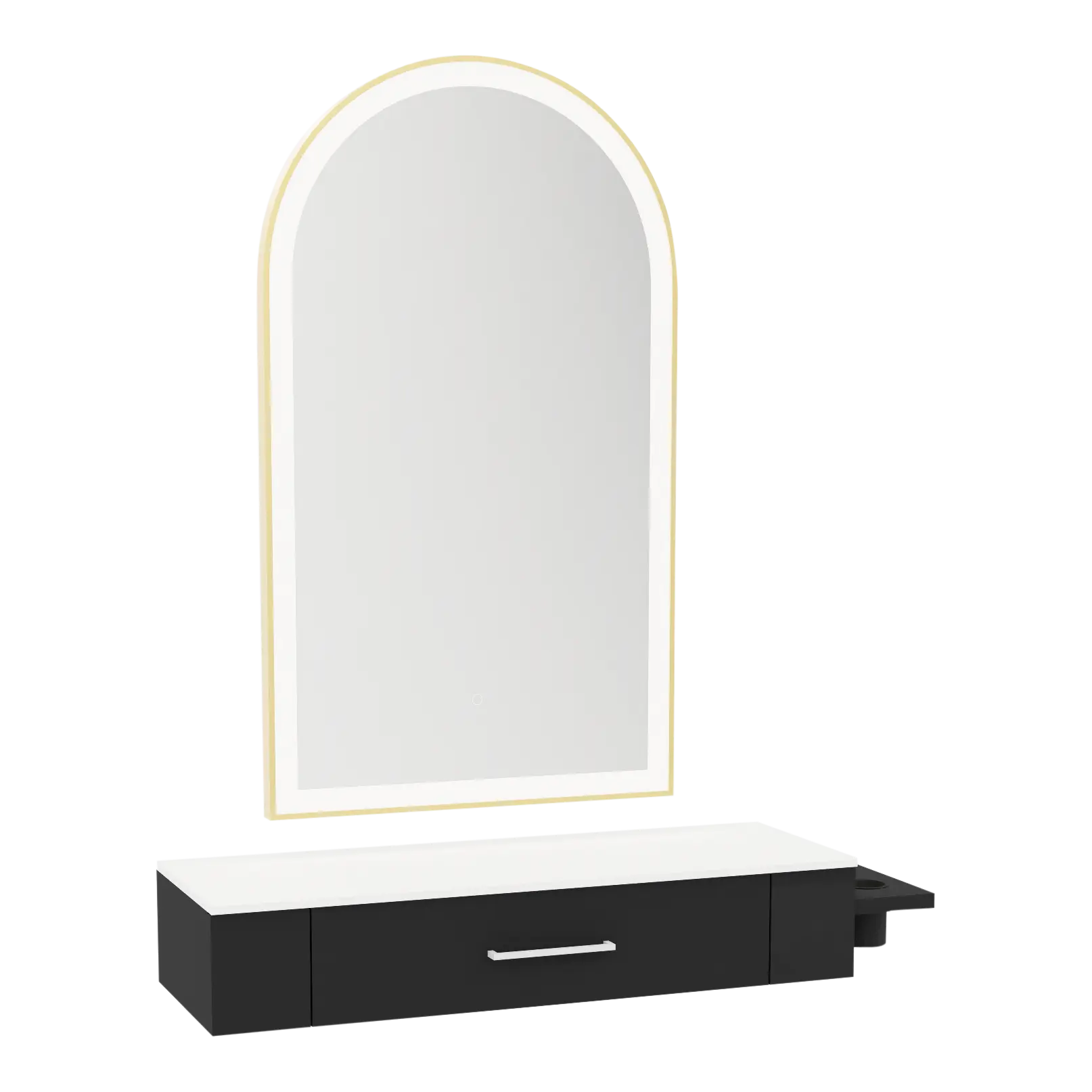 Nova Wall Mount Styling Station with Side-Mount Appliance Holder, Solid Surface Countertop and Gold Paloma Arch Mirror