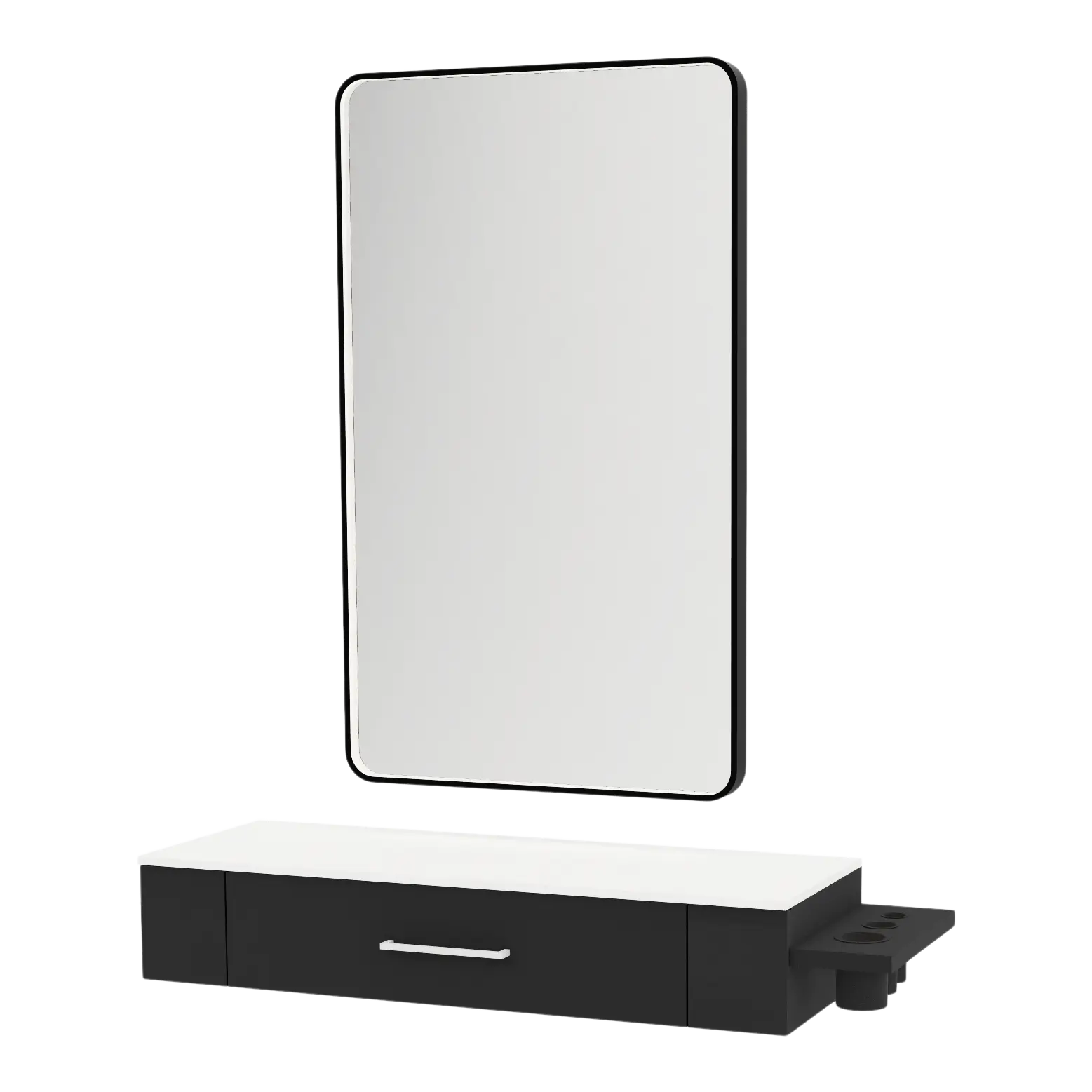 Nova Wall Mount Styling Station with Side-Mount Appliance Holder, Solid Surface Countertop, and Black Rectangle Westin Mirror