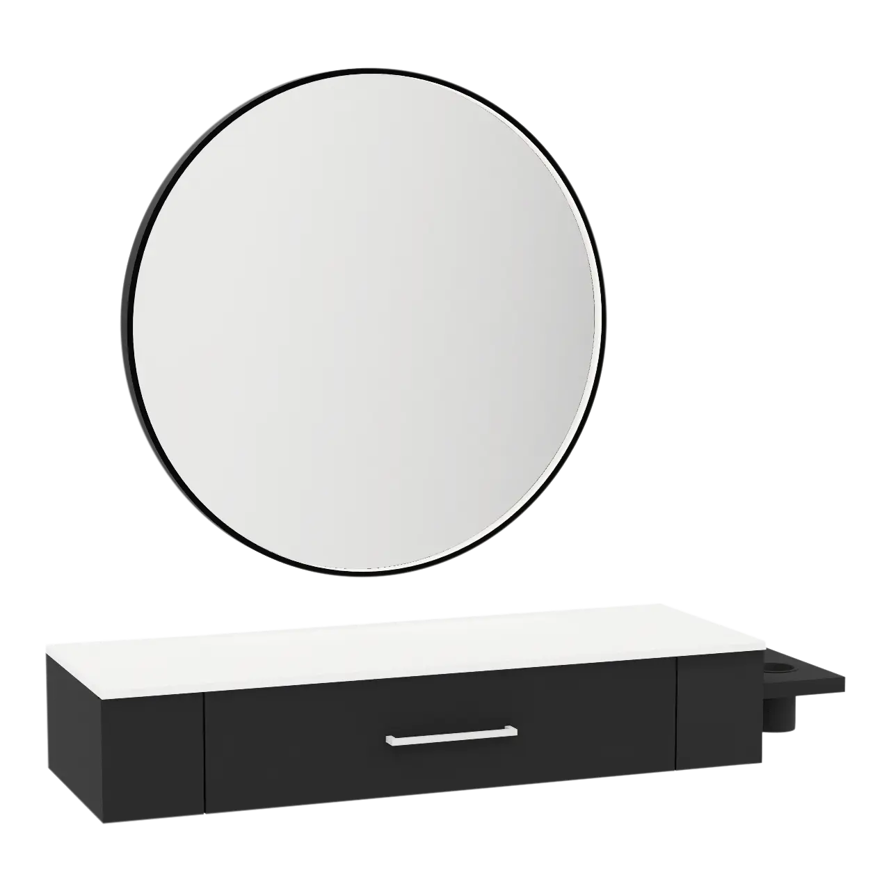 Nova Wall Mount Styling Station with Side-Mount Appliance Holder, Solid Surface Countertop, and Black Round Westin Mirror