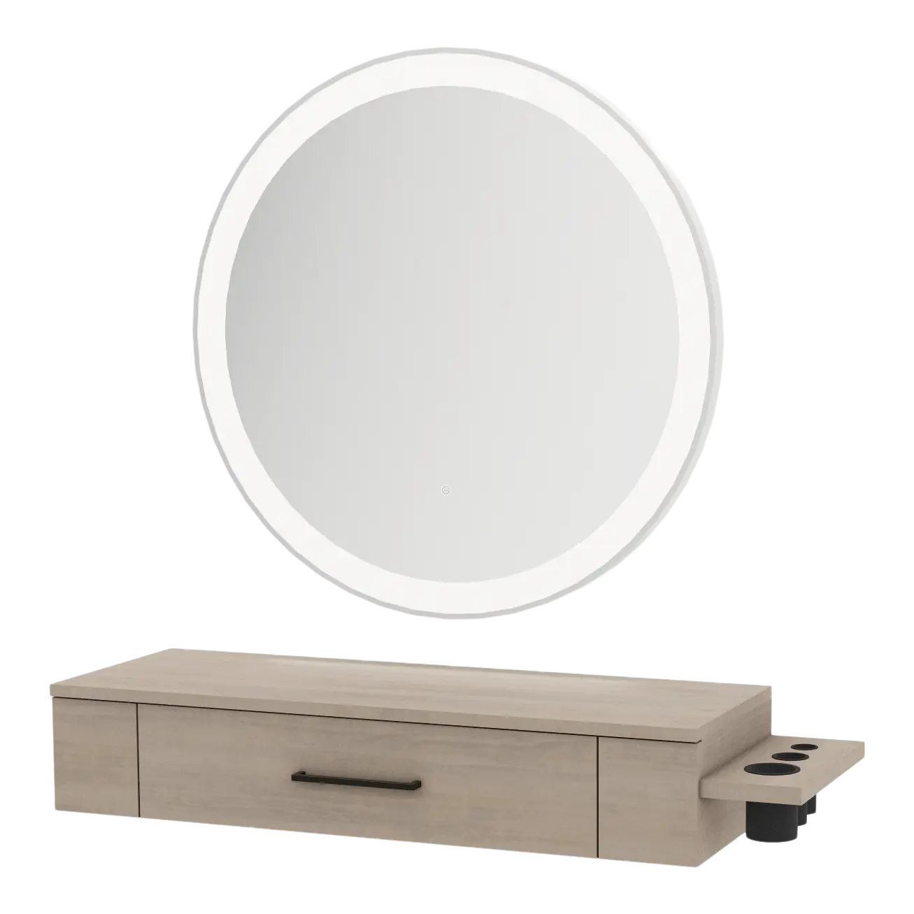 Nova Wall Mount Styling Station with Side-Mount Appliance Holder and Silver Round Glo Mirror