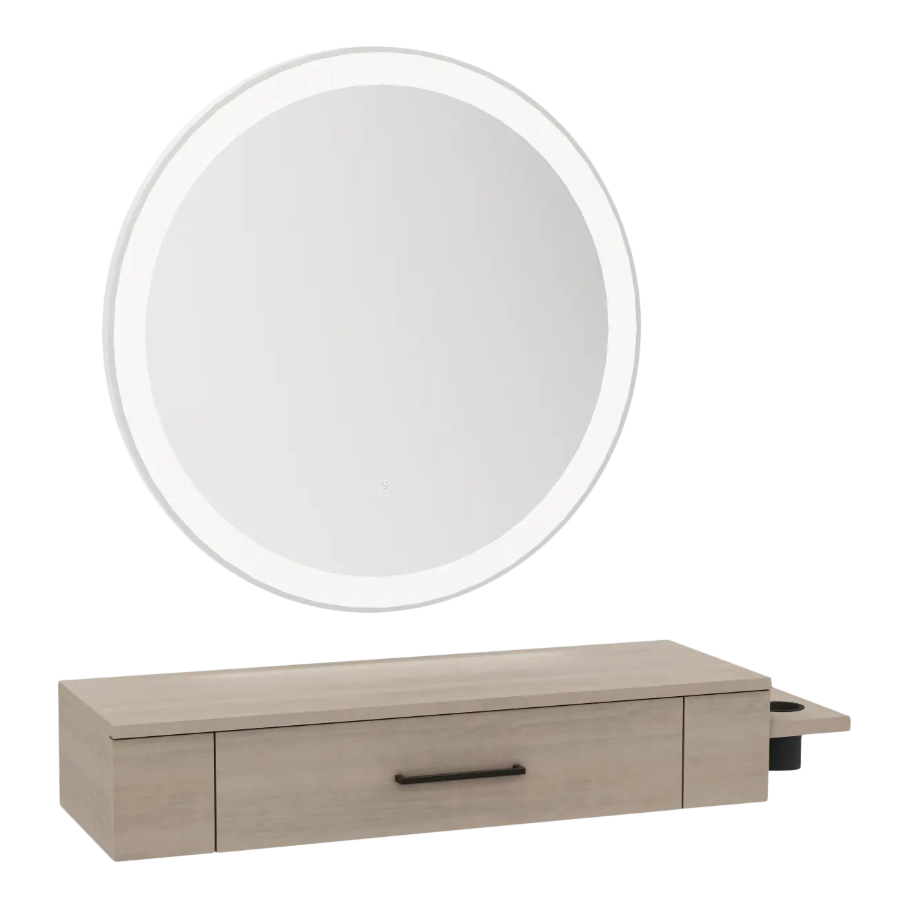 Nova Wall Mount Styling Station with Side-Mount Appliance Holder and Silver Round Glo Mirror