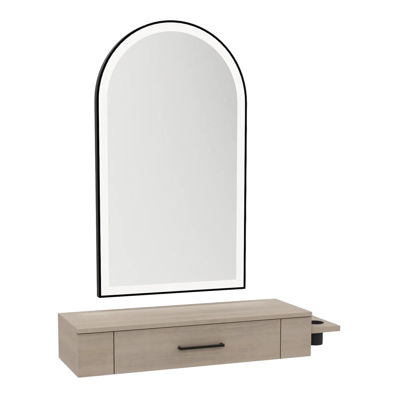 Nova Wall Mount Styling Station with Side-Mount Appliance Holder and Black Paloma Arch Mirror