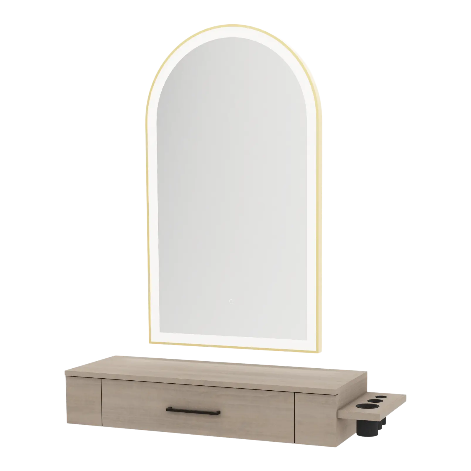 Nova Wall Mount Styling Station with Side-Mount Appliance Holder and Gold Paloma Arch Mirror
