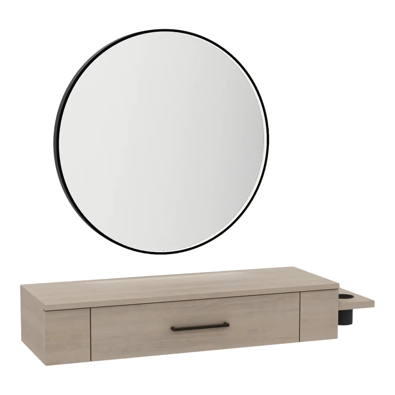 Nova Wall Mount Styling Station with Side-Mount Appliance Holder and Black Round Westin Mirror