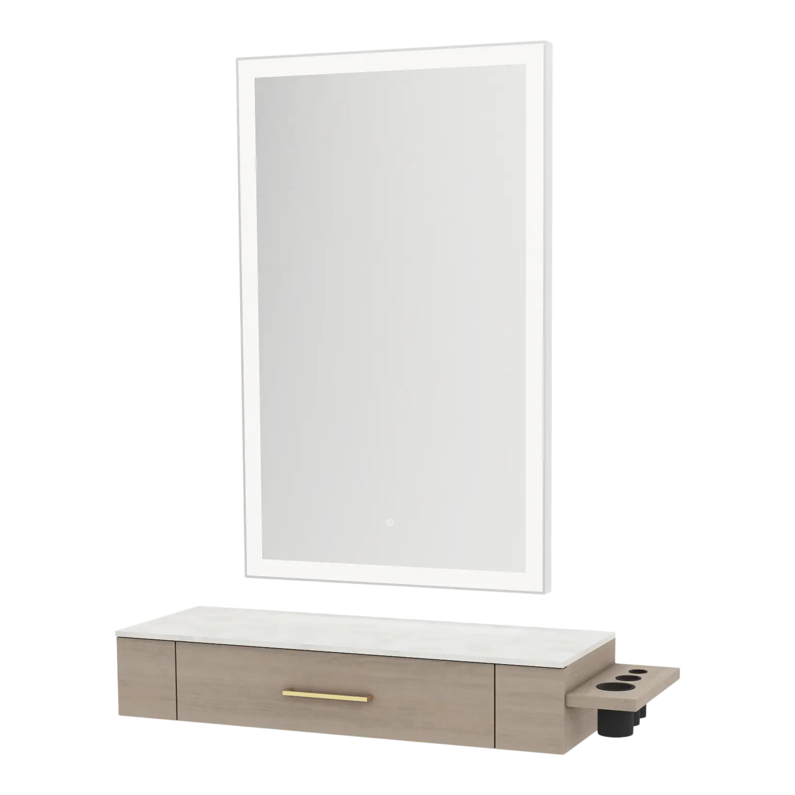 Nova Wall Mount Styling Station with Side-Mount Appliance Holder, Solid Surface Countertop and Silver Rectangle Glo Mirror