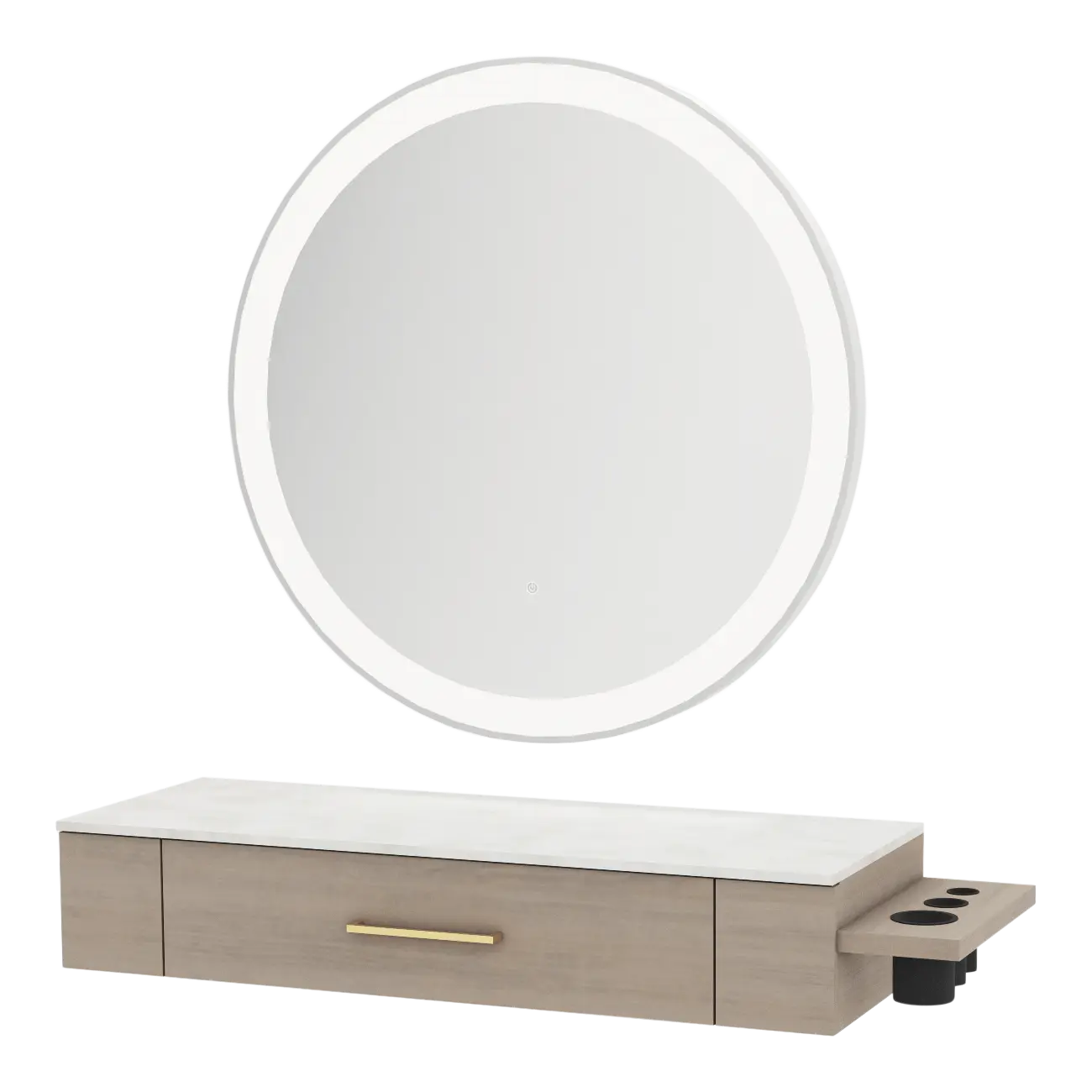 Nova Wall Mount Styling Station with Side-Mount Appliance Holder, Solid Surface Countertop, and Silver Round Glo Mirror