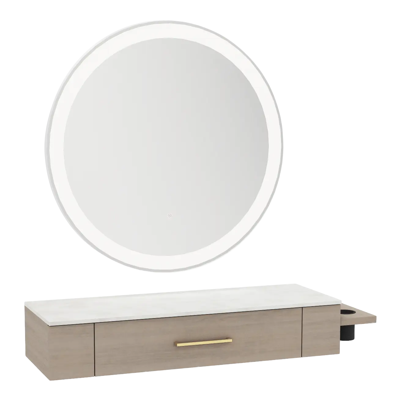 Nova Wall Mount Styling Station with Side-Mount Appliance Holder, Solid Surface Countertop, and Silver Round Glo Mirror