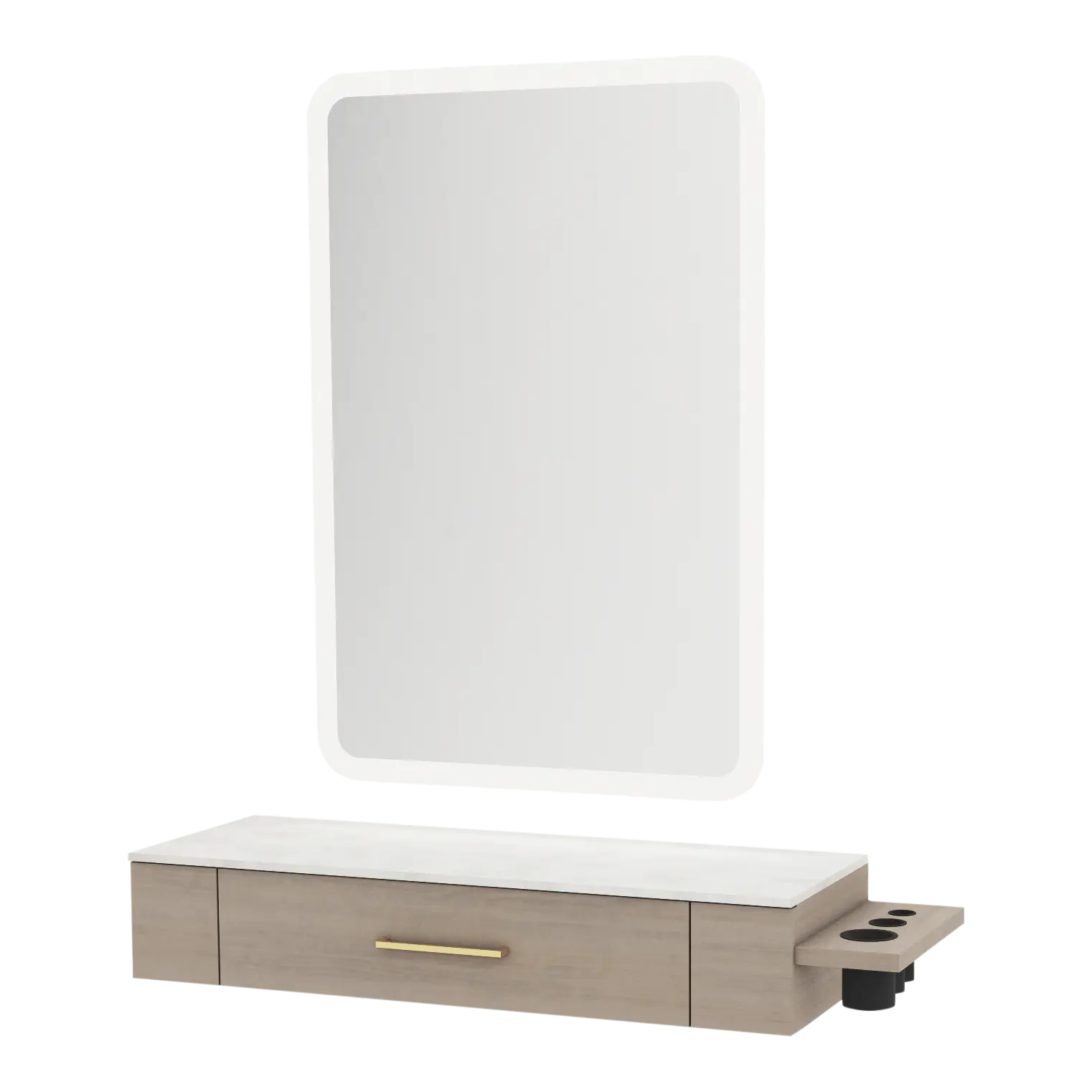 Nova Wall Mount Styling Station with Side-Mount Appliance Holder, Solid Surface Countertop and Illuminate LED Mirror