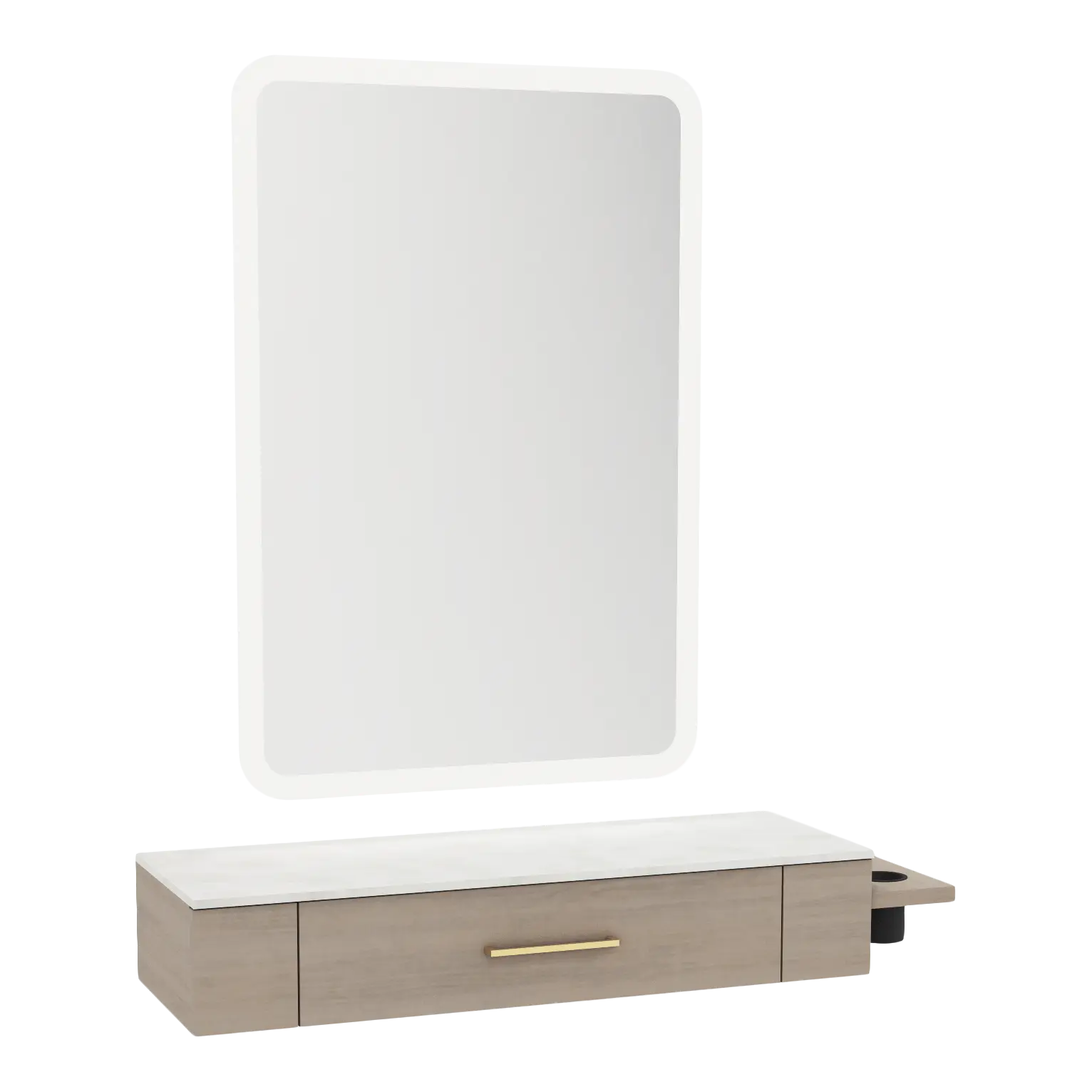 Nova Wall Mount Styling Station with Side-Mount Appliance Holder, Solid Surface Countertop and Illuminate LED Mirror