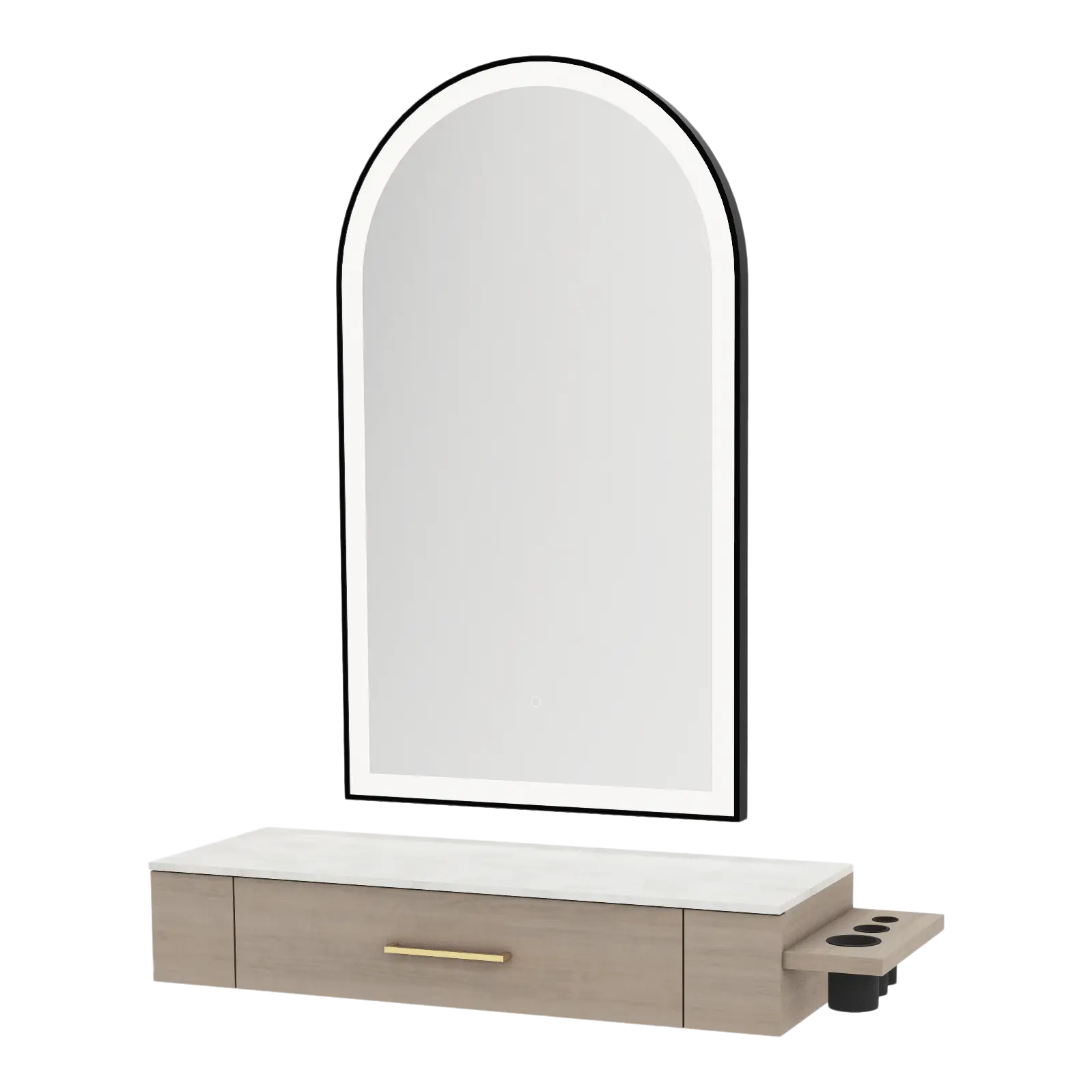 Nova Wall Mount Styling Station with Side-Mount Appliance Holder, Solid Surface Countertop, and Black Arch Paloma Mirror