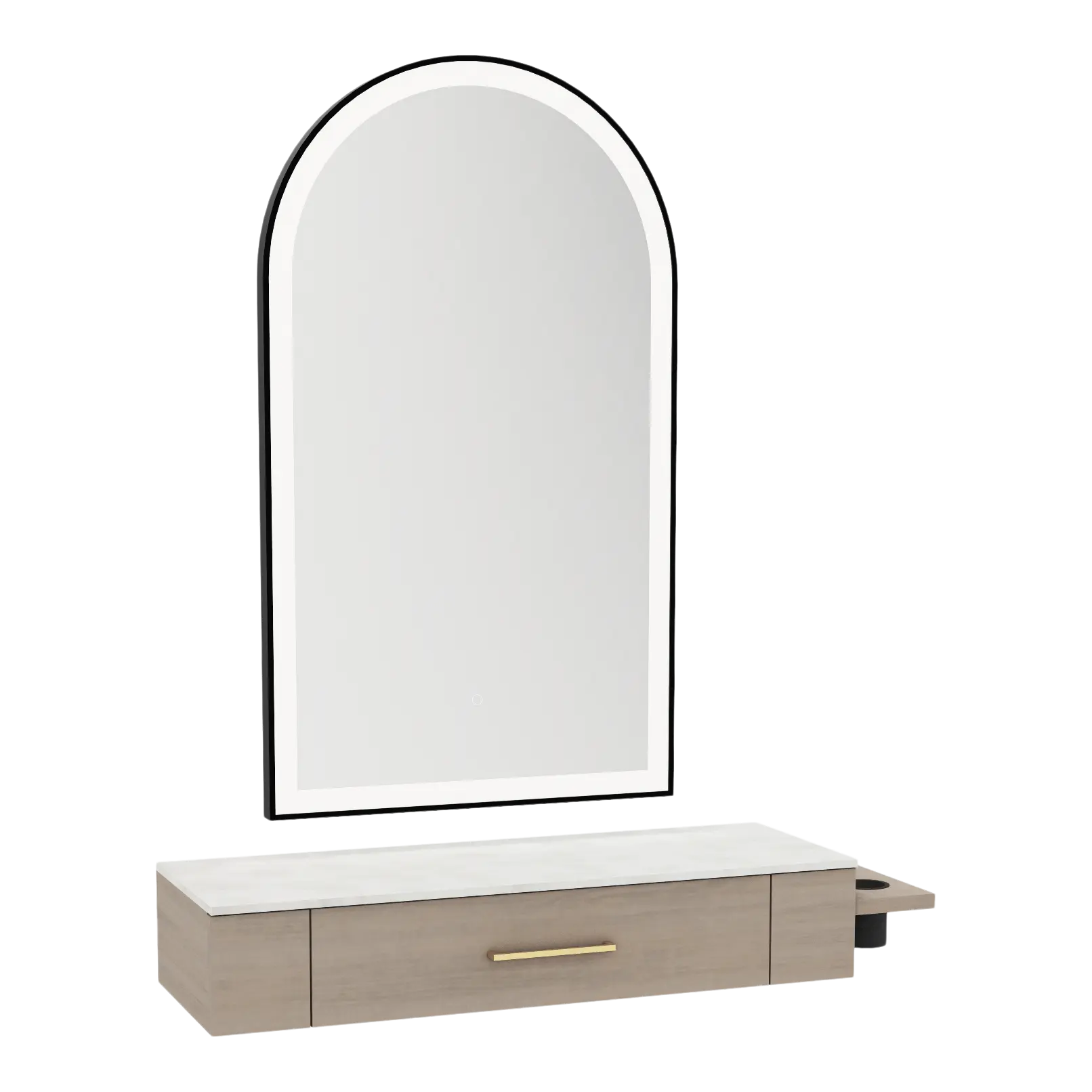 Nova Wall Mount Styling Station with Side-Mount Appliance Holder, Solid Surface Countertop, and Black Arch Paloma Mirror